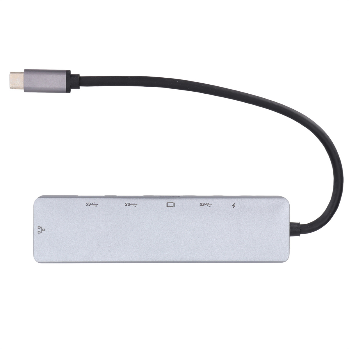 Ein silberner USB-C-Hub mit mehreren Anschlüssen und einem angeschlossenen schwarzen Kabel, auf weißem Hintergrund.