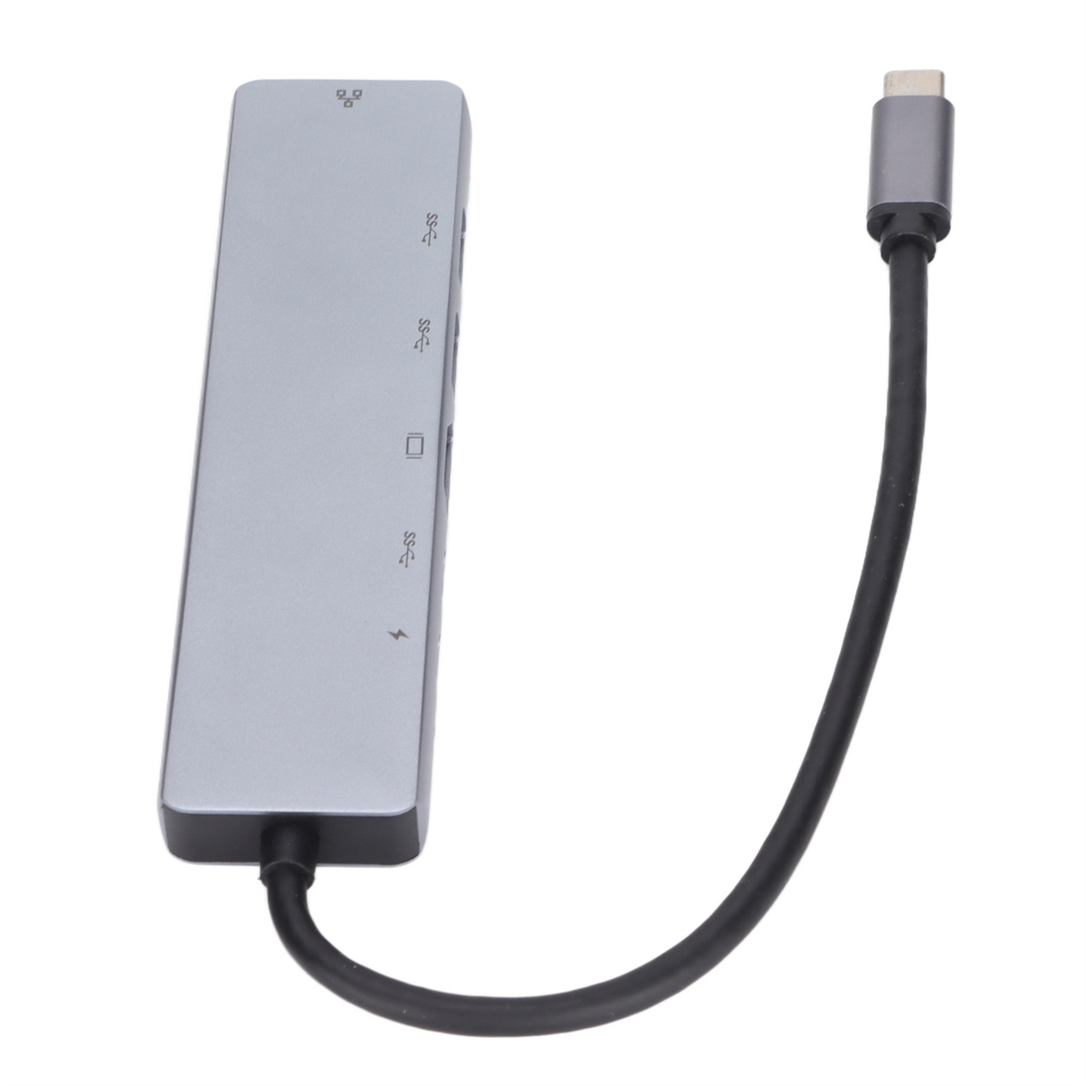 Ein silberner USB-C-Hub mit mehreren Anschlüssen und einem schwarzen Kabel.