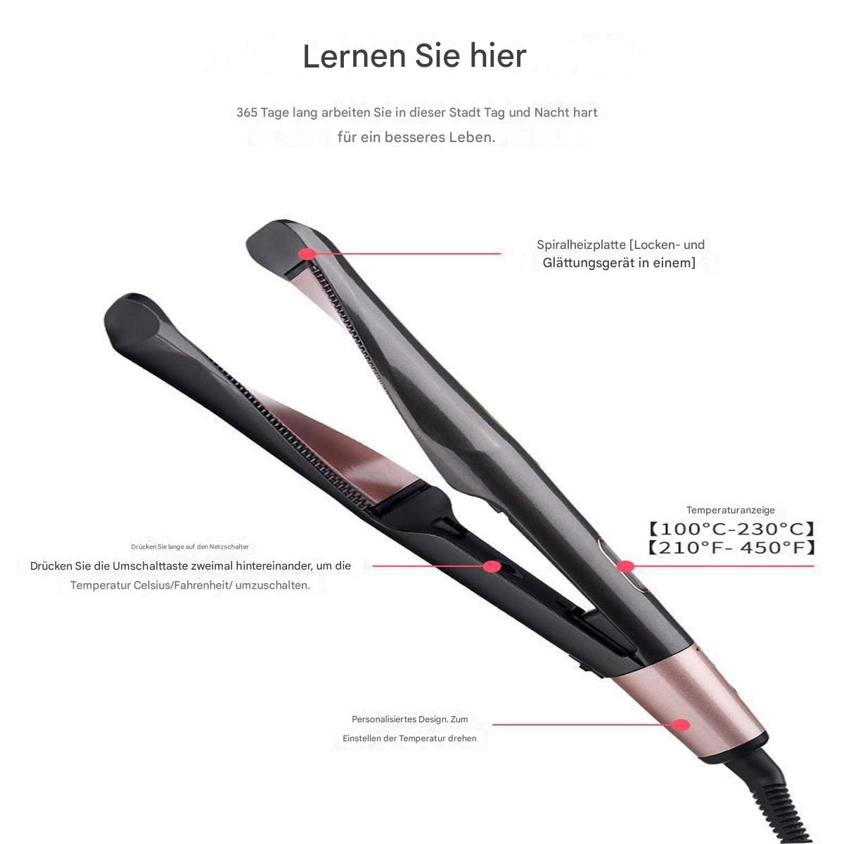 Haarglätter mit Temperaturanzeige und Einstellanweisungen. Es ist schwarz und roségold.