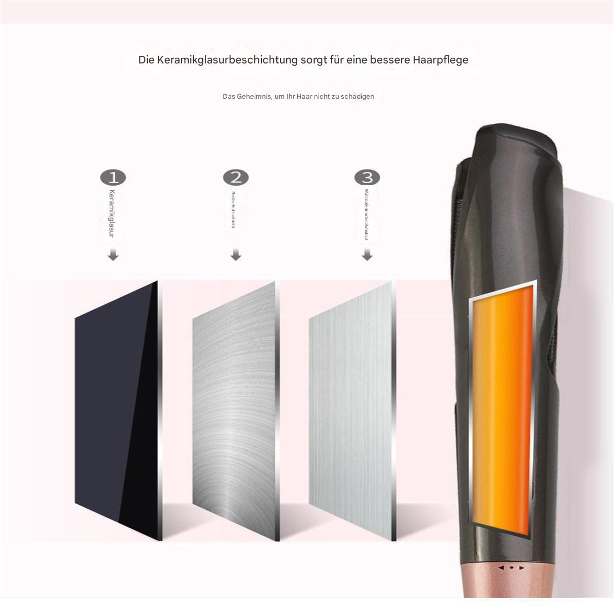 Diagramm, das die Schichten eines Haarglätters zeigt. Schichten umfassen Keramik- und Metallplatten.