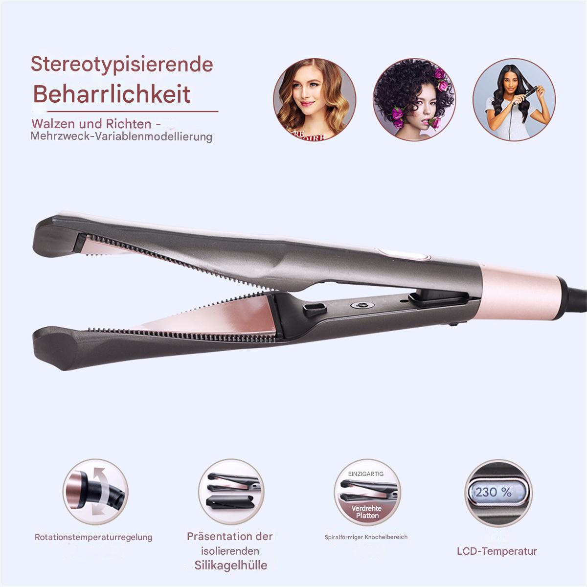 Haarglätter mit rosa Platten, Details und digitaler Temperaturanzeige.