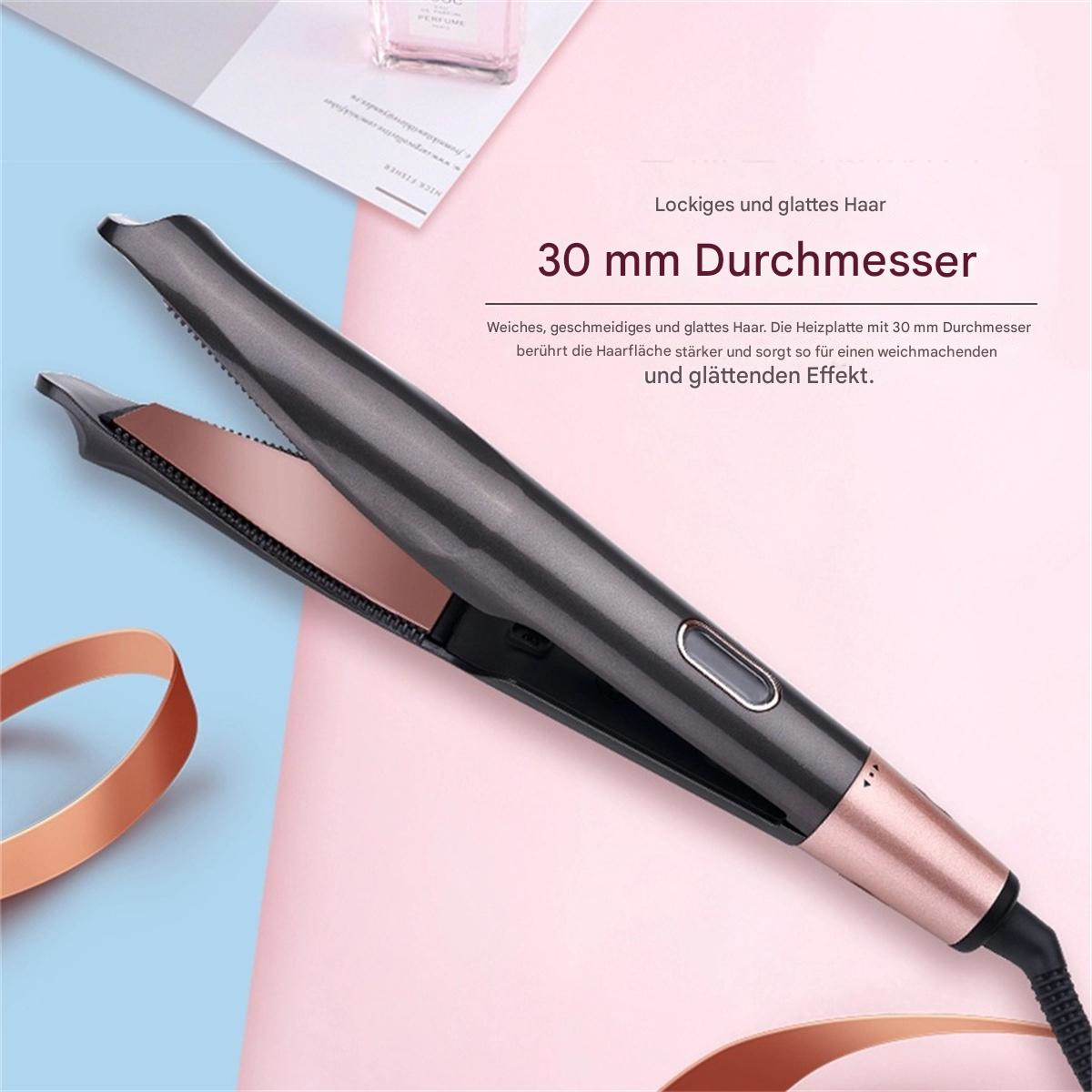 Haarglätter offen, rosa und schwarz. Text auf Deutsch: 30 mm Durchmesser.