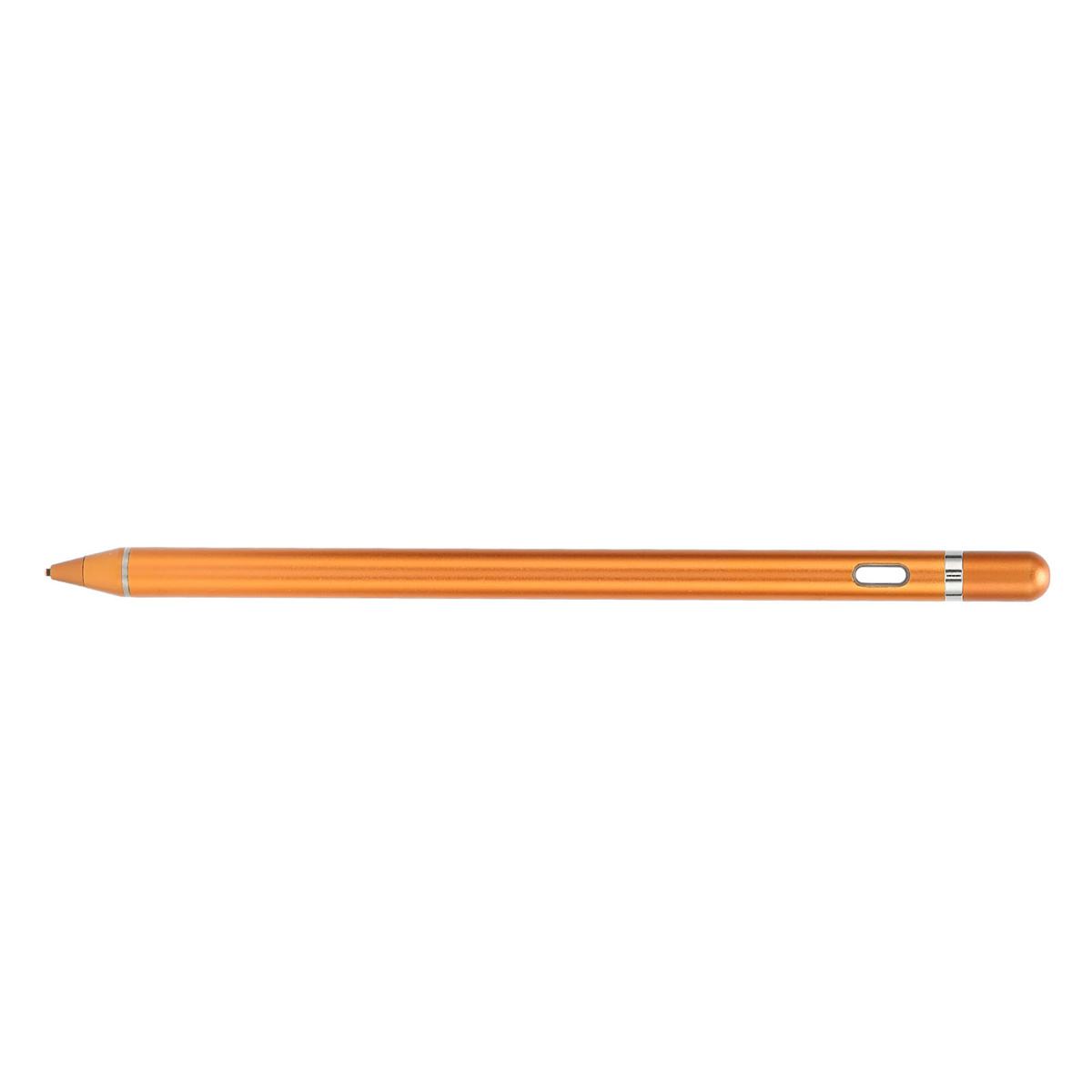 Oranger Stylus-Stift mit silbernem Band und Knopf. Weißer Hintergrund.