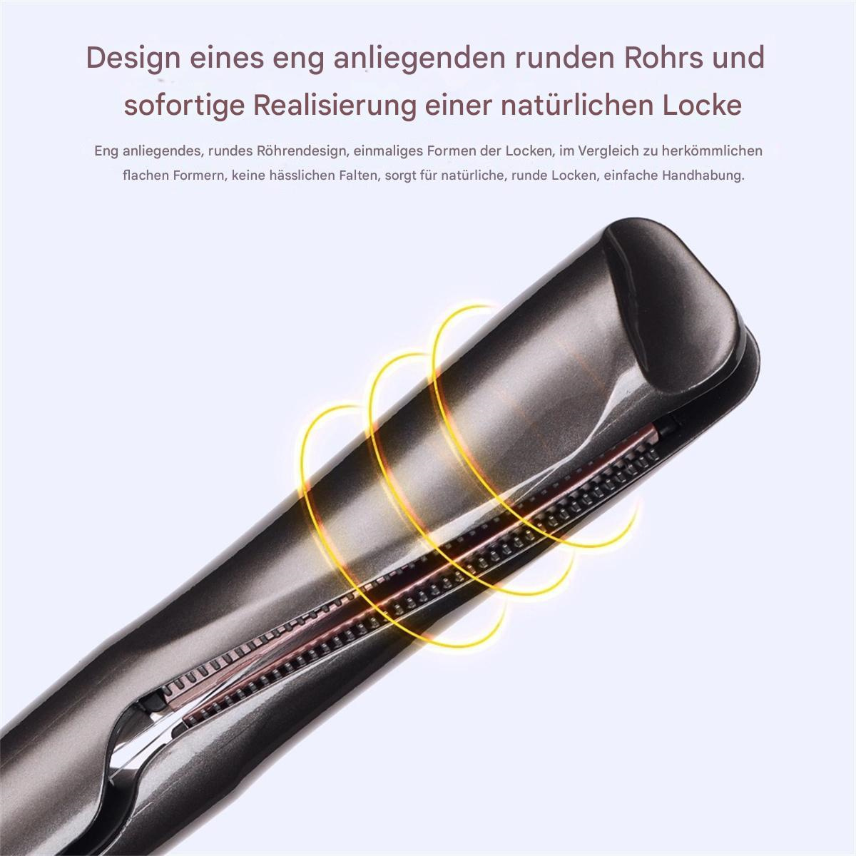 Nahaufnahme eines Haarglätters mit deutschem Text, der sein Design für natürliche Locken zeigt.