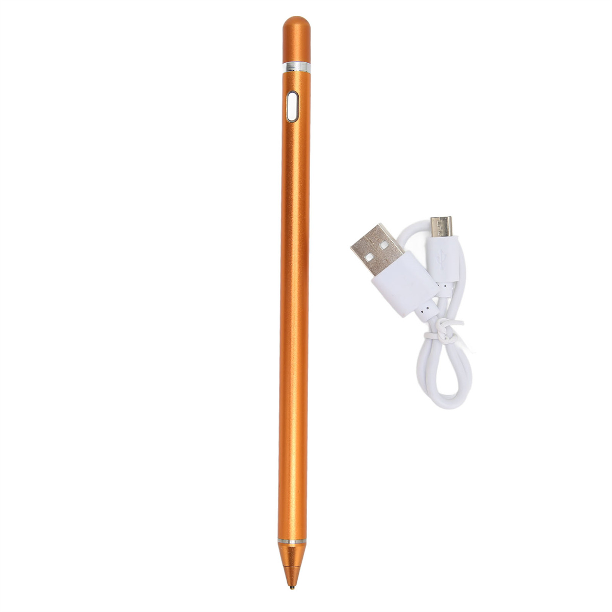 Orangener Eingabestift und ein weißes Ladekabel.