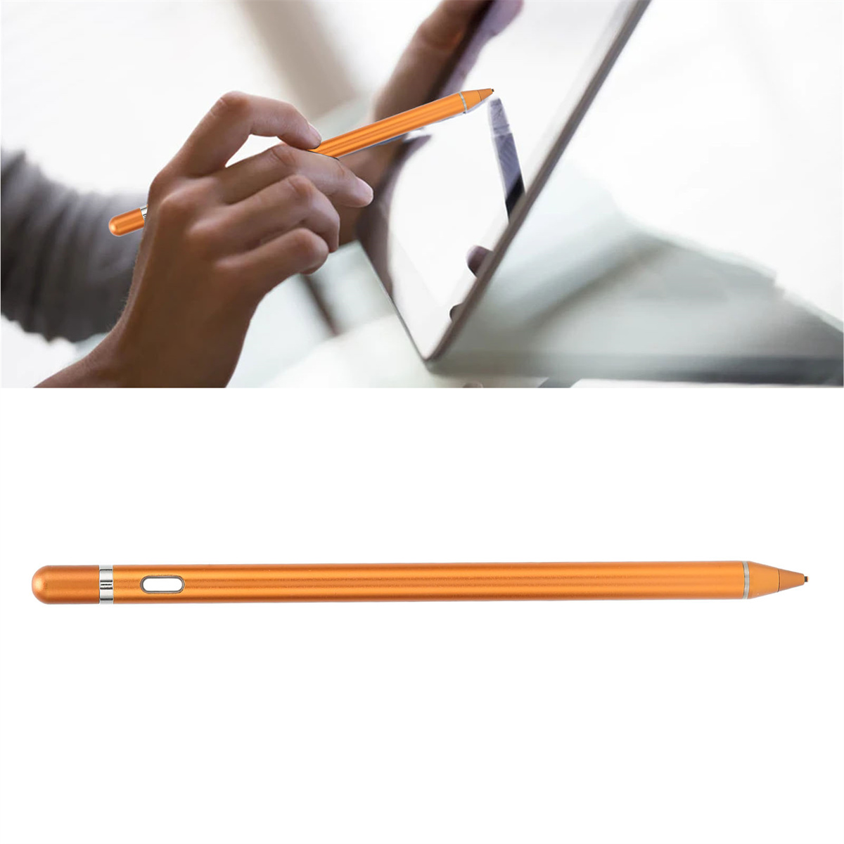 Ein orangefarbener Eingabestift, der auf einem Tablet verwendet wird. Der Stift ist orange, das Tablet ist weiß. Nahaufnahme.