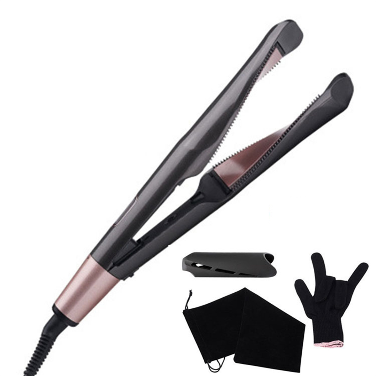 Haarglätter, schwarz und roségold, mit Zubehör: Handschuh, Beutel und Hitzeschild.