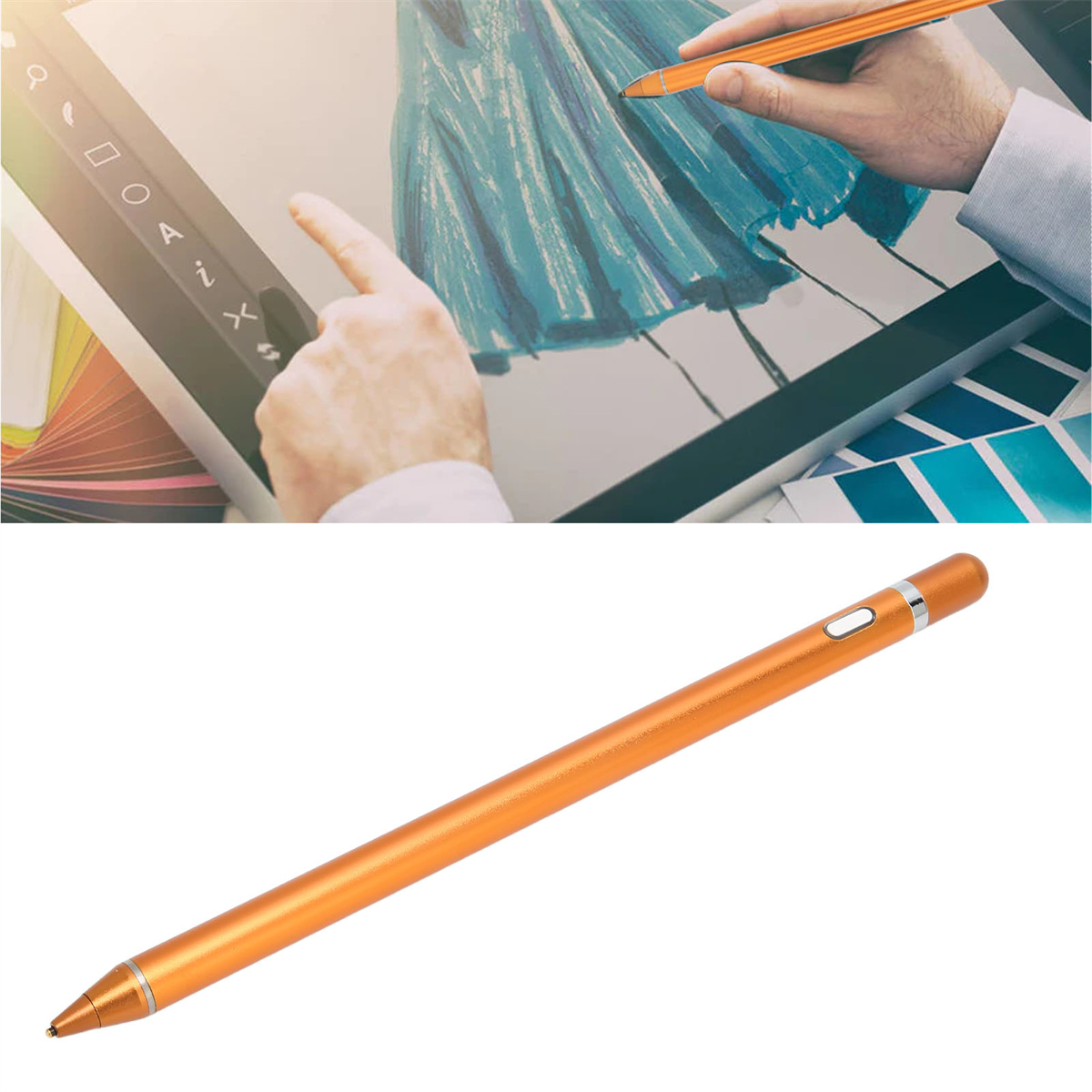 Ein orangefarbener Stift mit Knopf, in der Nähe eines Tablets und Händen, die auf einem Bildschirm entwerfen.