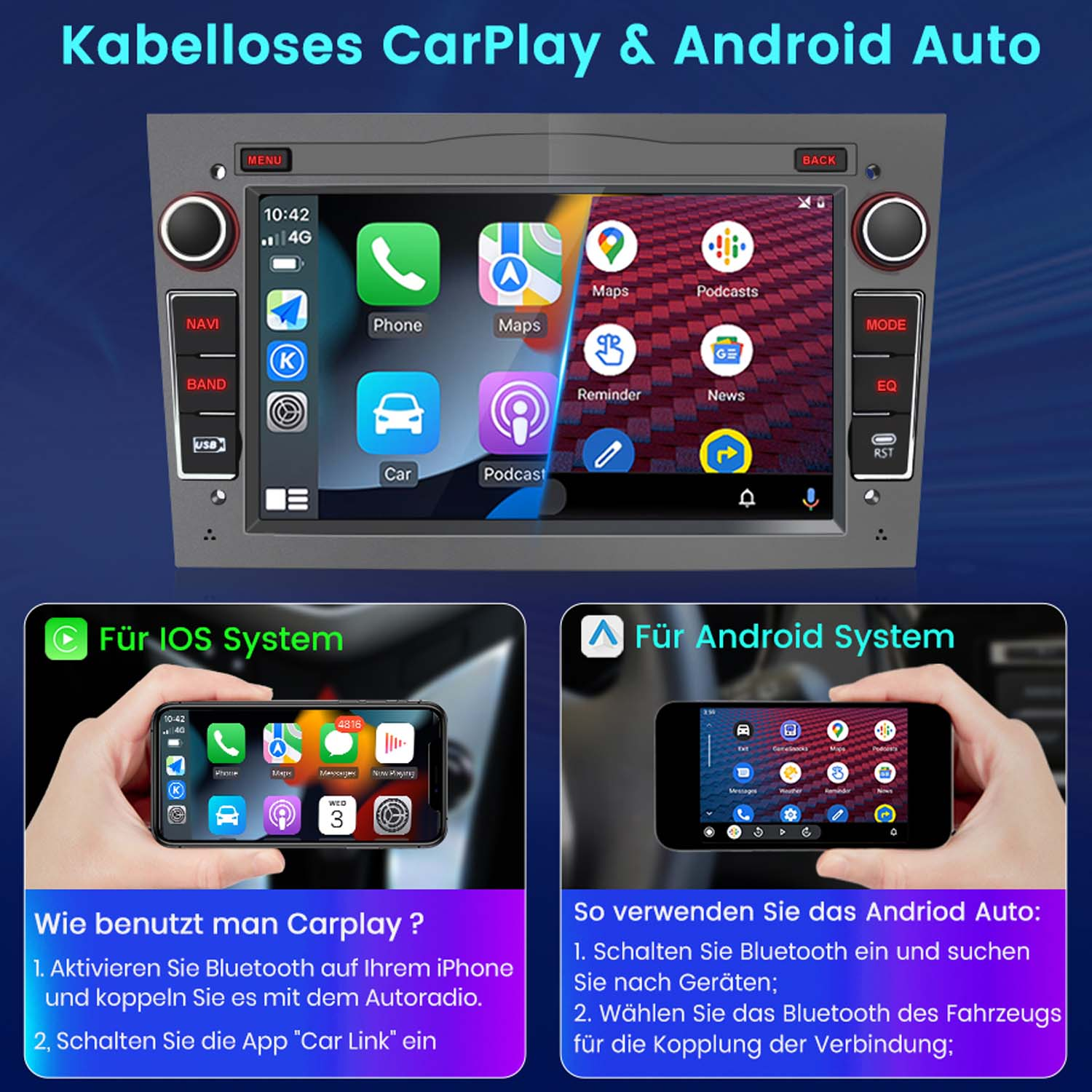 System informacyjno-rozrywkowy w samochodzie z ekranem dotykowym wyświetlającym ikony aplikacji. Dwa telefony ilustrują CarPlay i Android Auto.