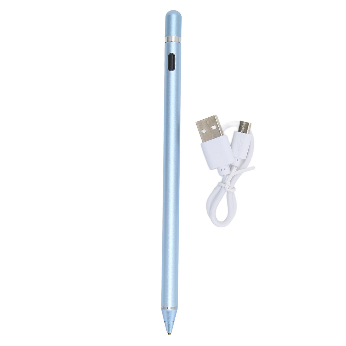 Ein hellblauer Eingabestift mit USB-Ladekabel, vor weißem Hintergrund.