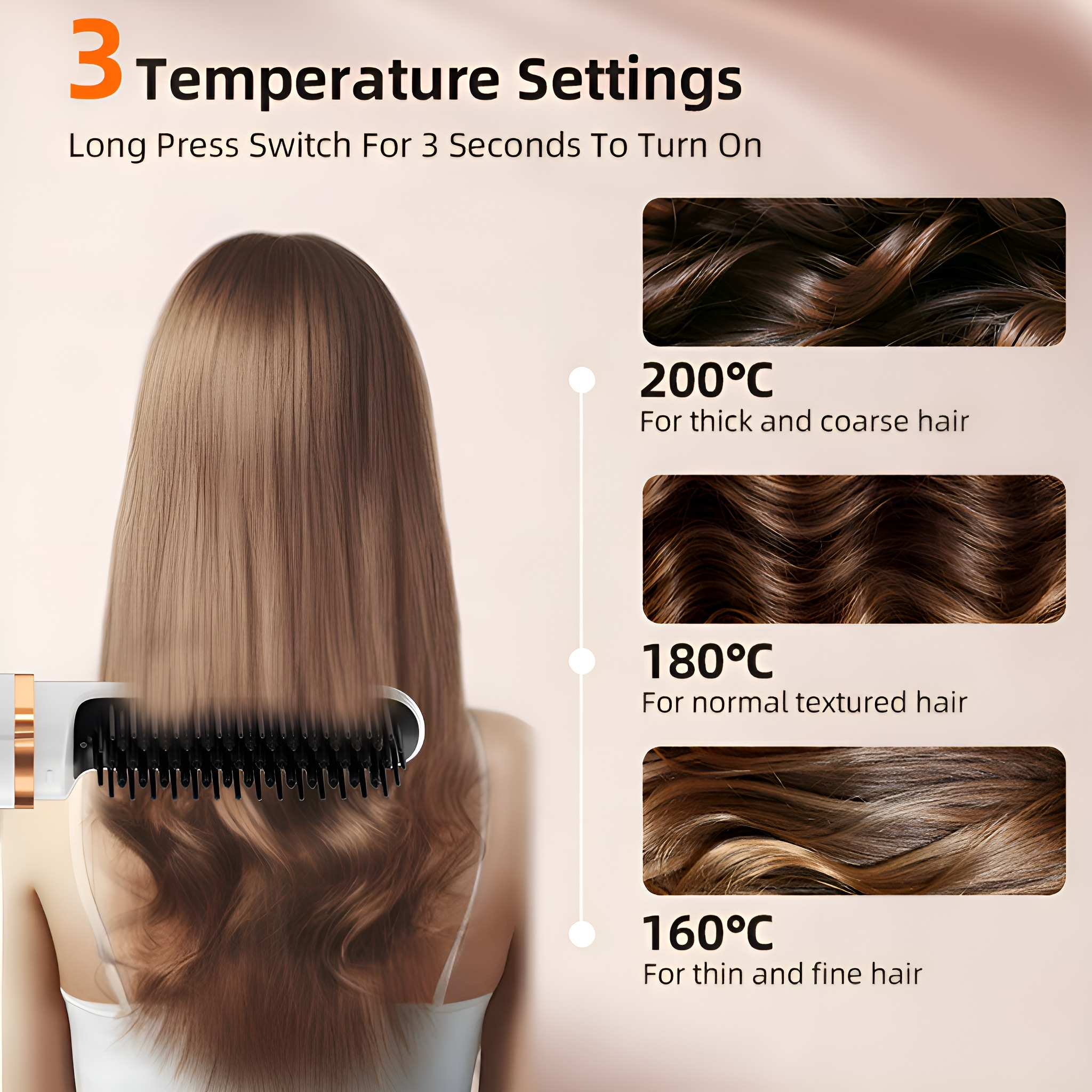 Haarstyler mit drei Temperatureinstellungen und Haarproben, die die Effekte zeigen.
