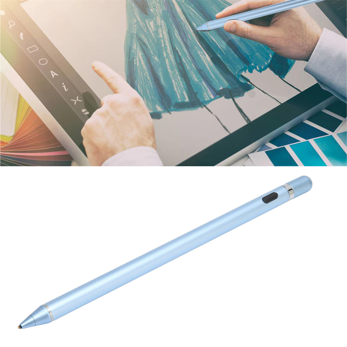 Ein blauer Eingabestift und Hände, die auf einem Tablet skizzieren.