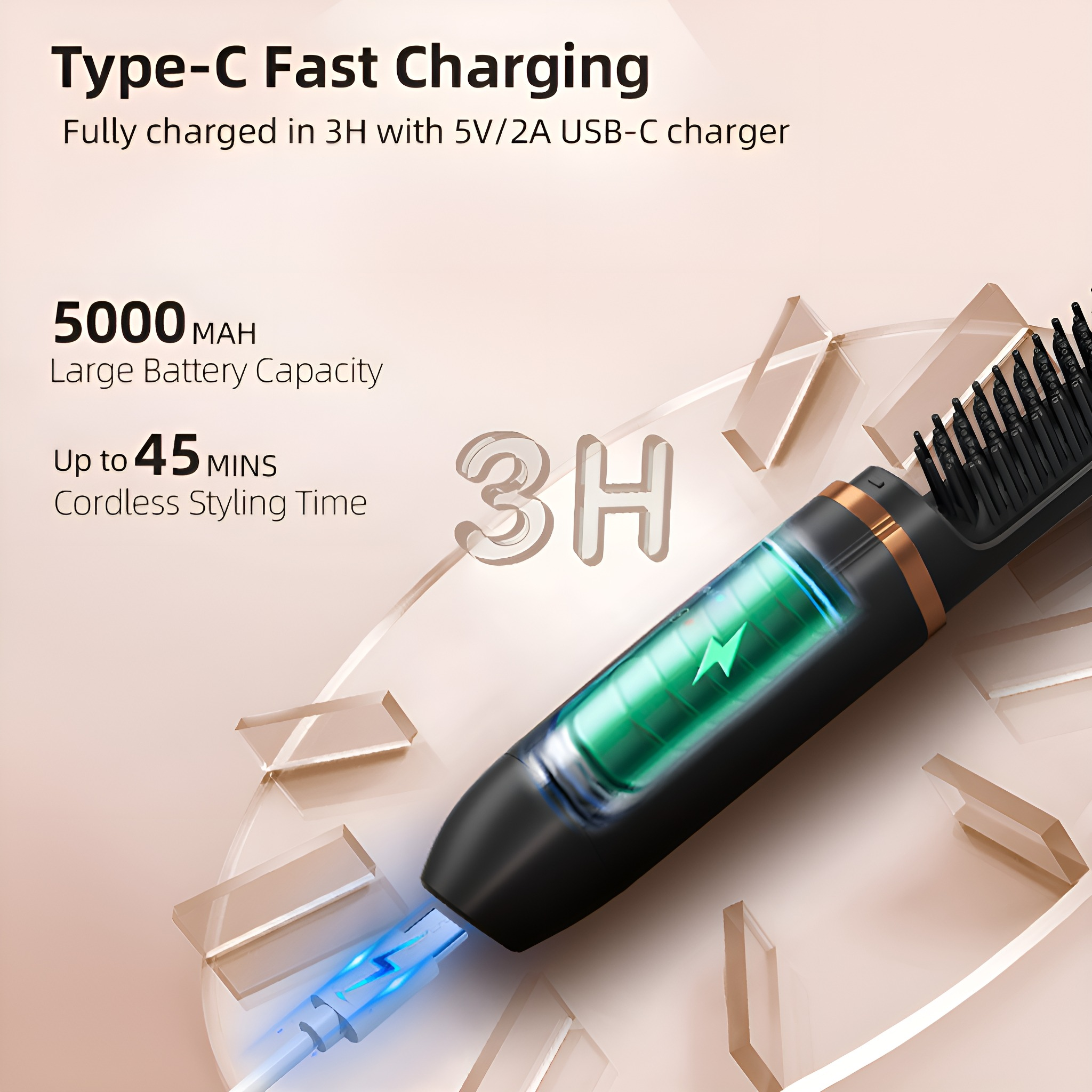 Schwarzer Haarstyler mit Ladekabel, Text über Schnellladung und Batteriekapazität. Hintergrund hat eine Uhr.