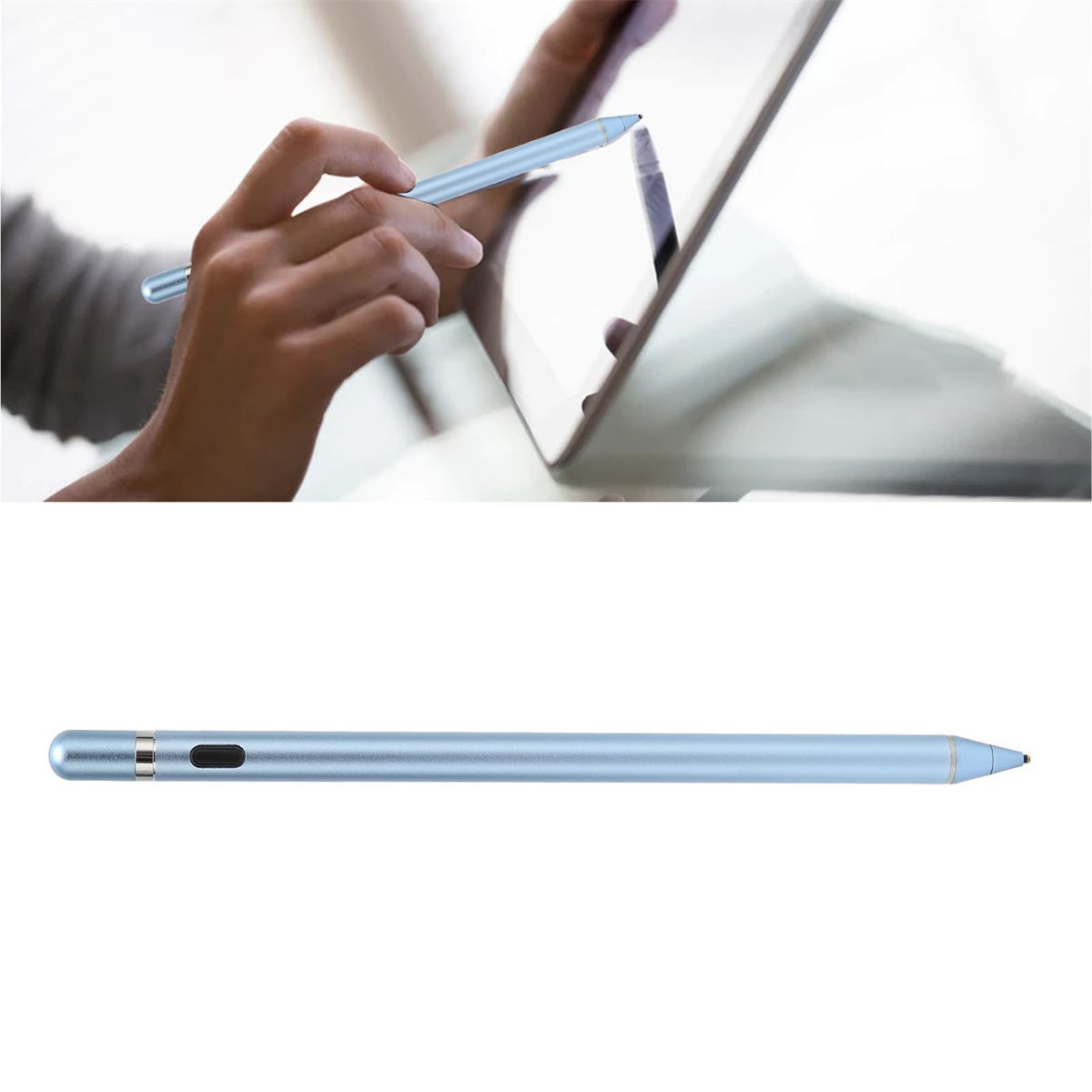 Person verwendet blauen Stylus auf einem Tablet. Ein separater Stylus ist auch sichtbar.