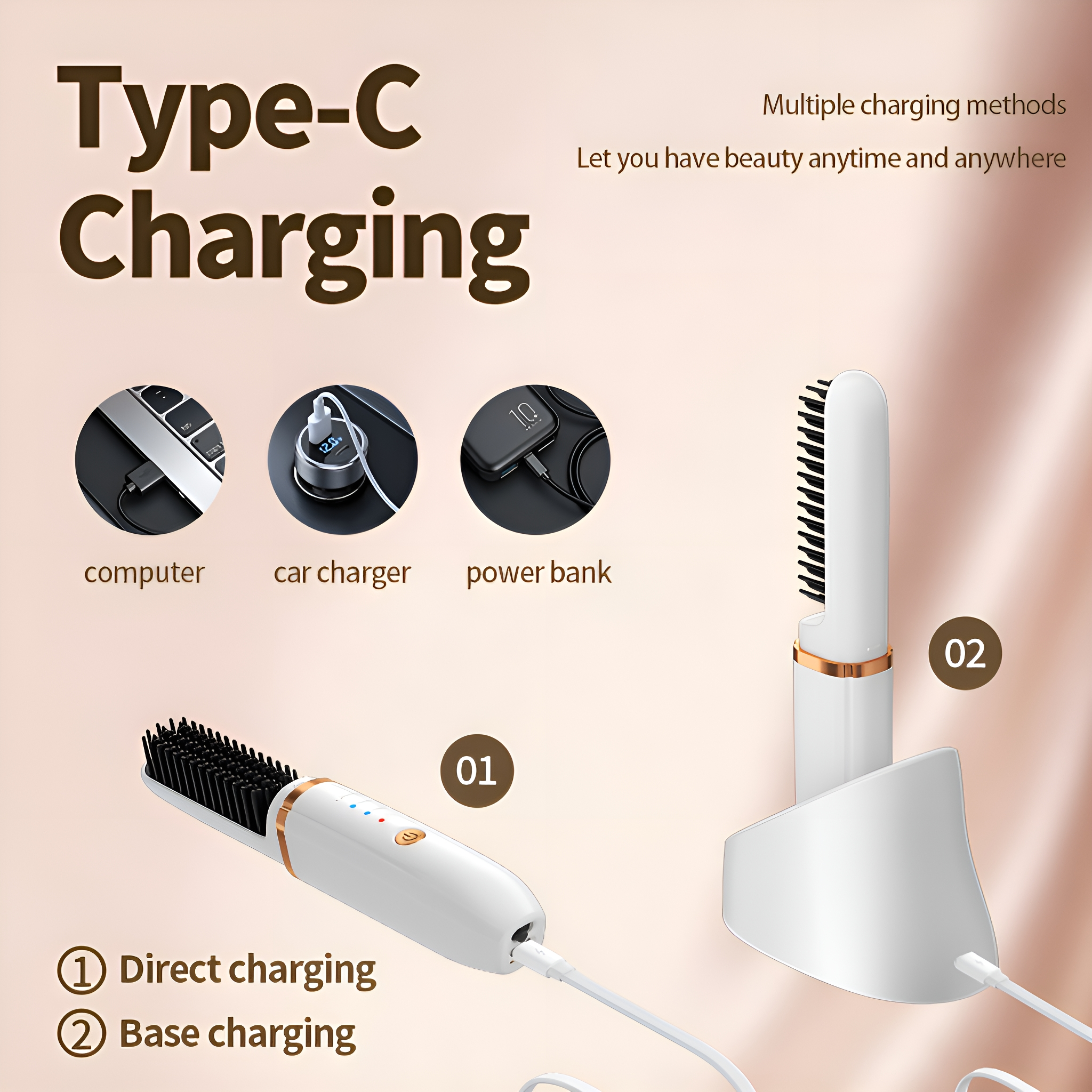 Typ-C-Ladegerät mit drei Lademethoden: Computer, Auto und Powerbank.
