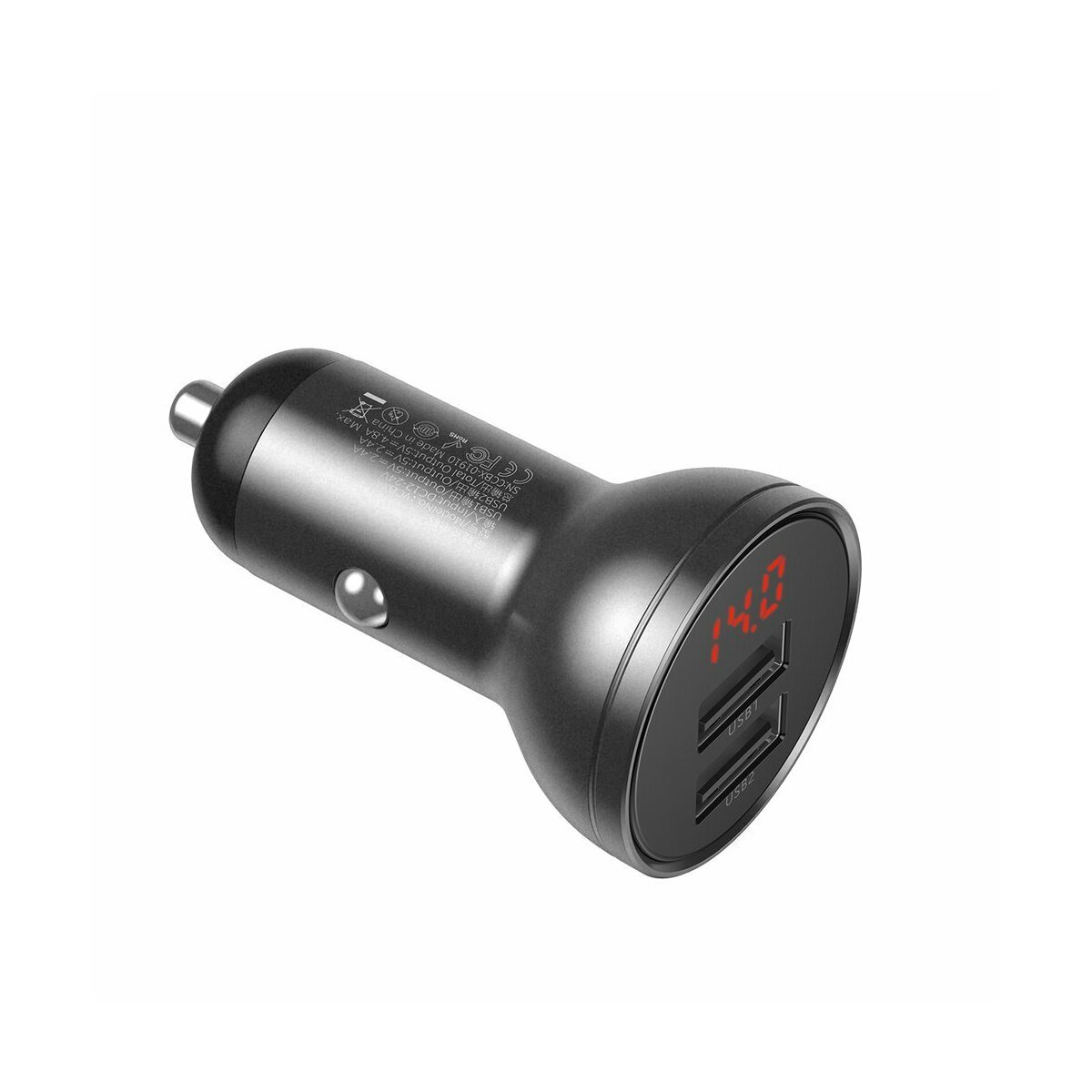 Czarna ładowarka samochodowa z dwoma portami USB i wyświetlaczem cyfrowym 14.0.