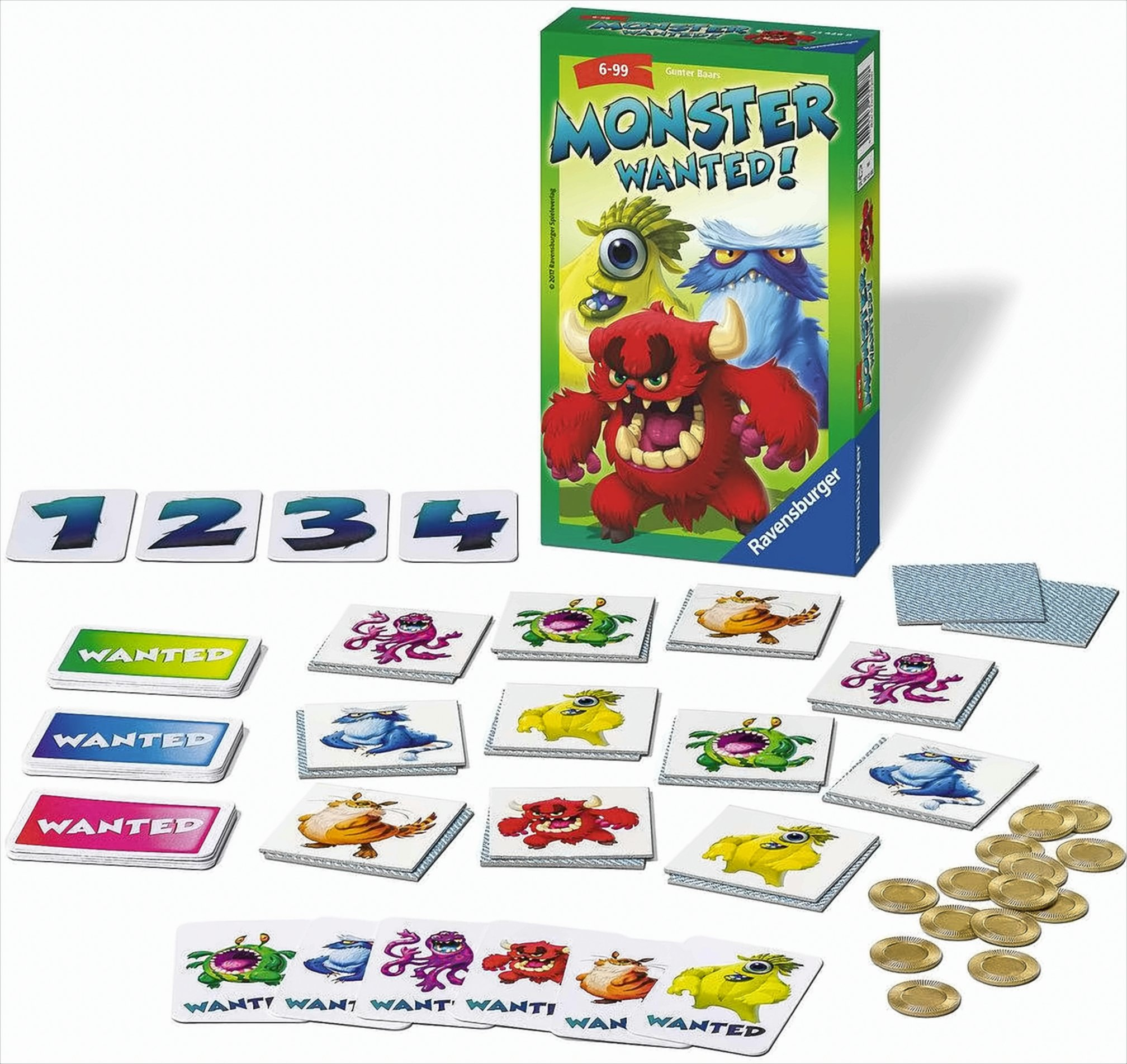 Ein Brettspiel, Monster Wanted!, mit Spielsteinen und Karten. Weißer Hintergrund.