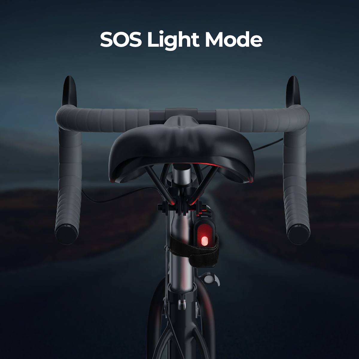 Fahrradsattel und Lenker mit SOS-Licht. Dunkler, verschwommener Hintergrund.