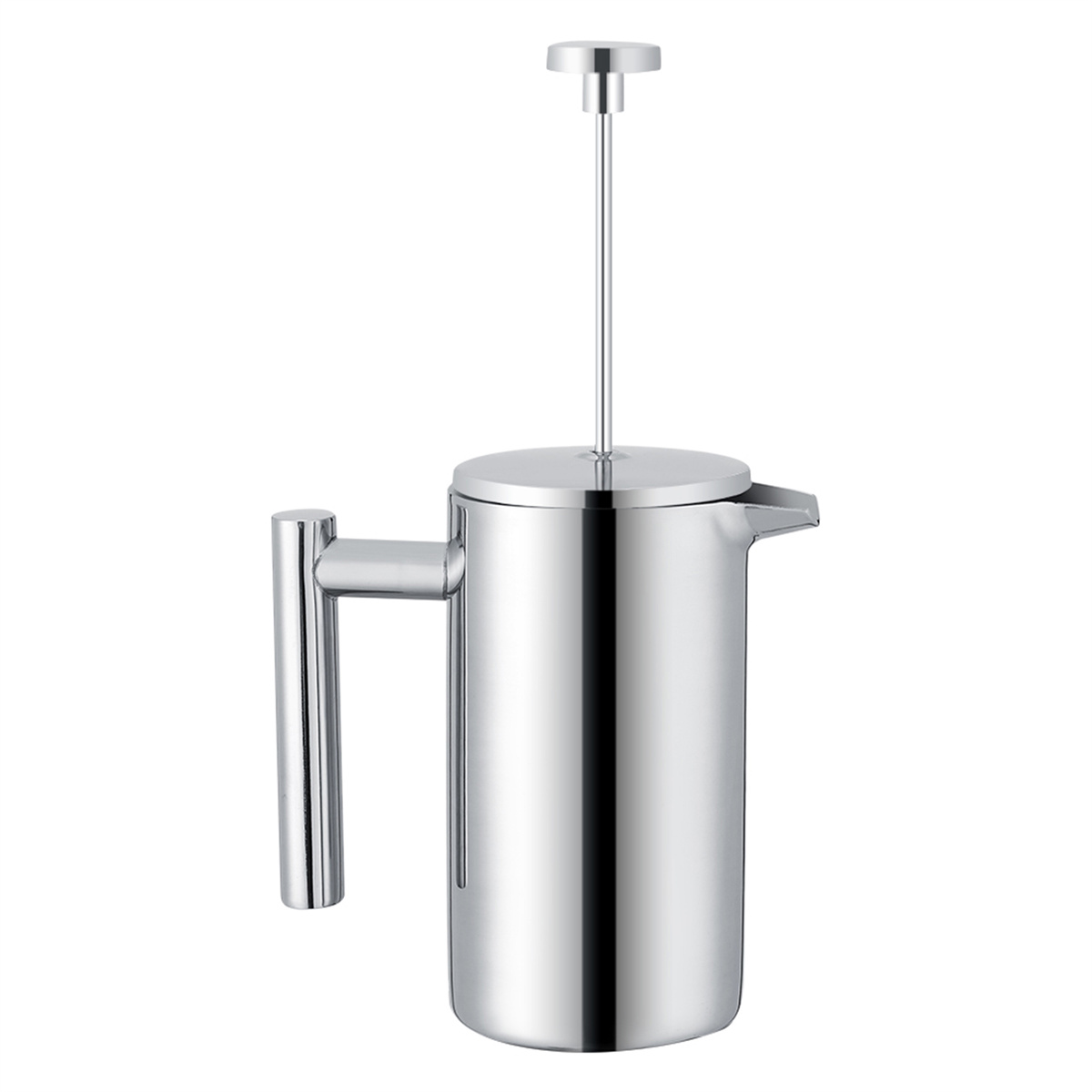 Ein silberner French-Press-Kaffeebereiter. Mit Griff und Deckel mit Stempel.