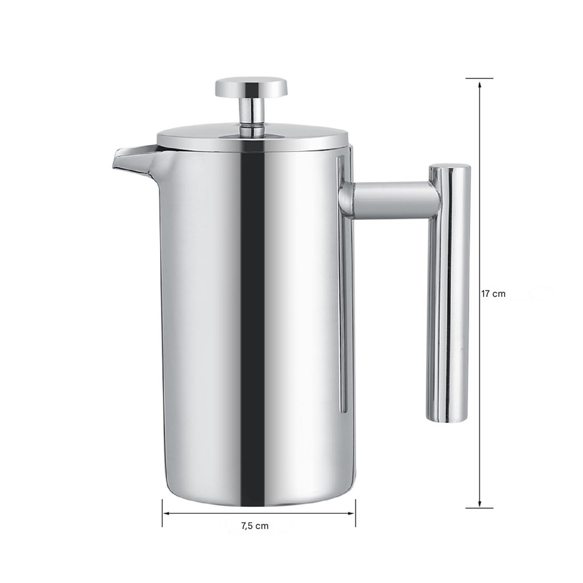 Eine French-Press-Kaffeemaschine aus Edelstahl mit Maßangaben in Zentimetern.