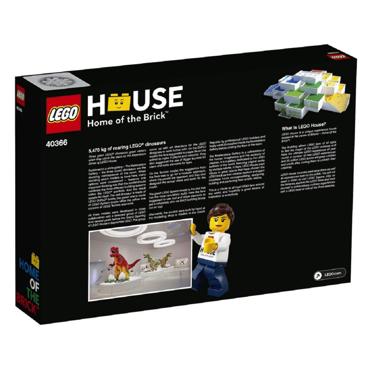 LEGO House kutusunun arkası. Arkada bir Lego figürü ve bazı Lego dinozorları bulunuyor.
