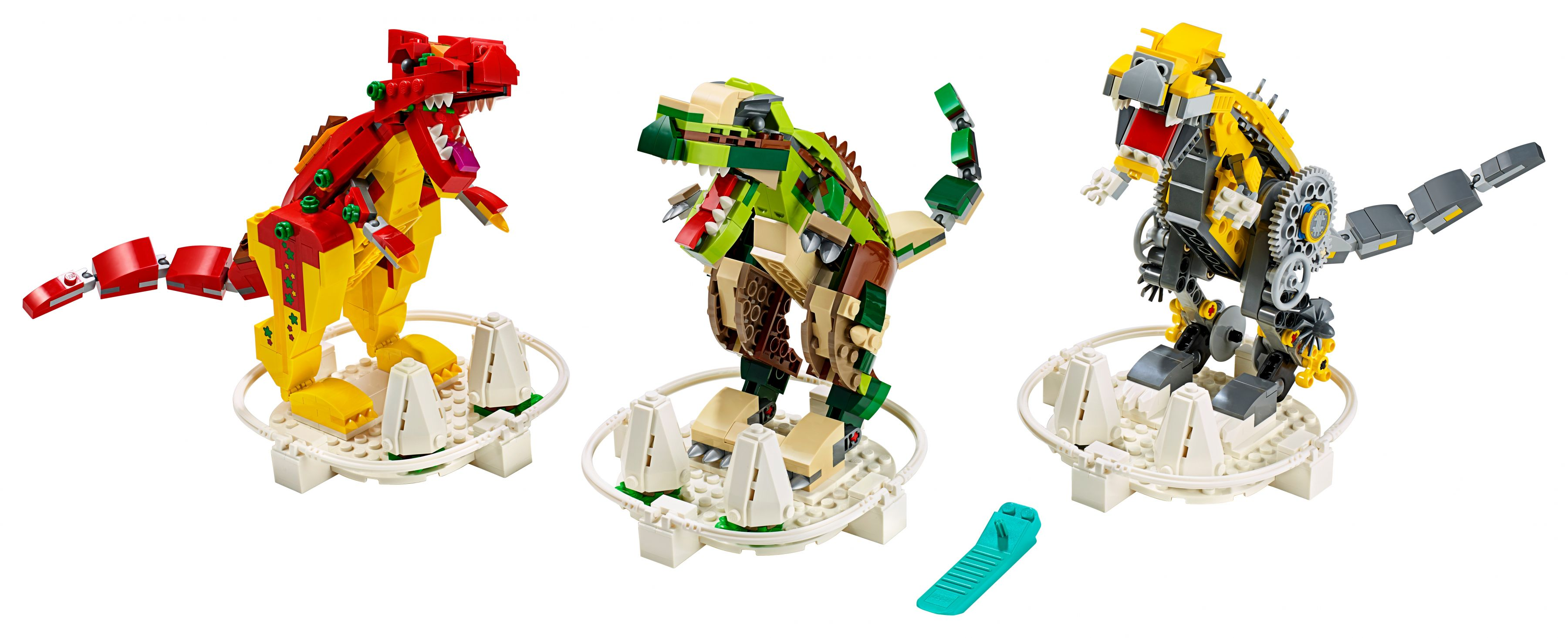 Beyaz tabanlar üzerinde üç renkli LEGO dinozor modeli. Biri kırmızı, biri yeşil ve biri sarı.