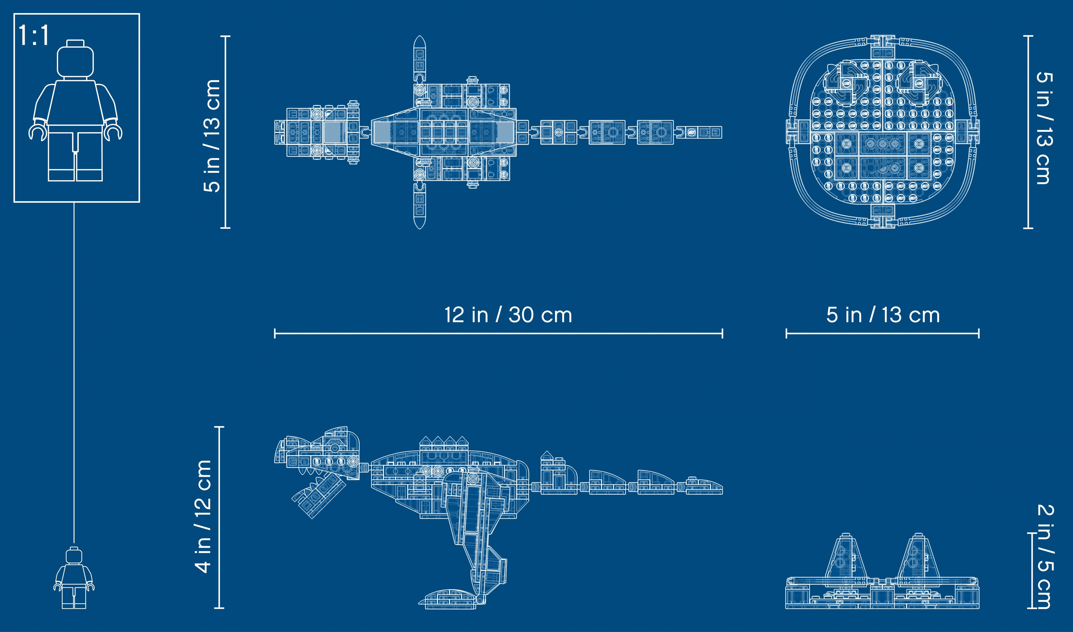 Lego parçalarını ve boyutlarını gösteren şema. Mavi arka plan üzerinde beyaz çizgiler.