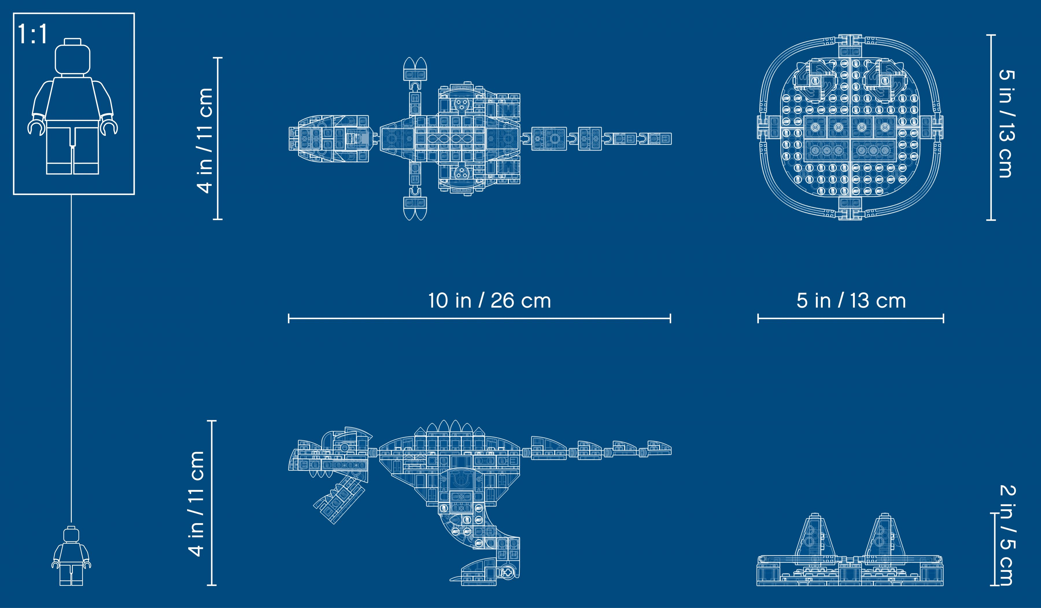 Boyutları ve insan figürleri olan bir Lego dinozor modelinin teknik çizimi.