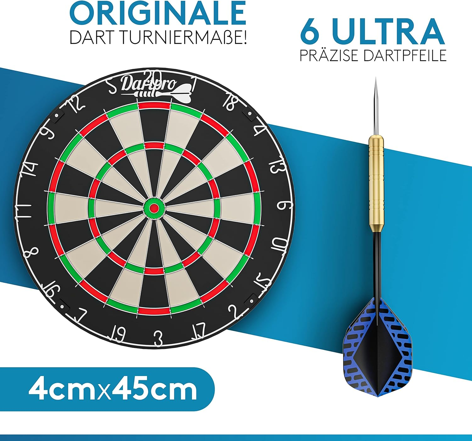 Eine Dartscheibe mit einem Dart, mit Text und blauem Hintergrund.