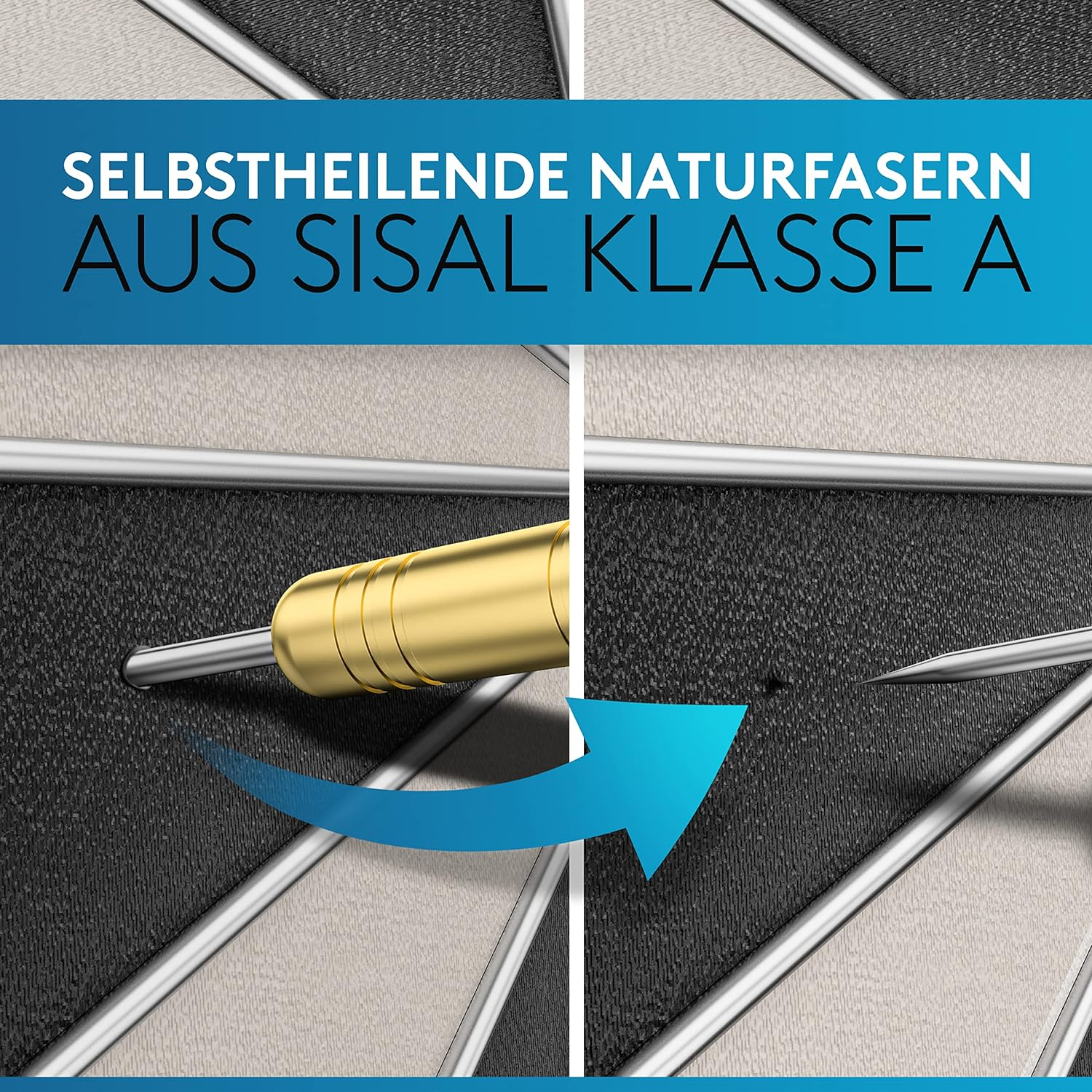 Dartscheibe mit Pfeil in der Mitte. Text: selbstheilende Naturfasern.