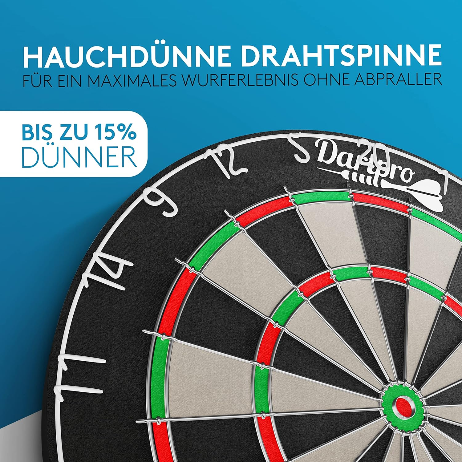 Eine Dartscheibe mit roten und grünen Segmenten. Text: 'HAUCHDÜNNE DRAHTSPINNE' und 'BIS ZU 15% DÜNNER'.