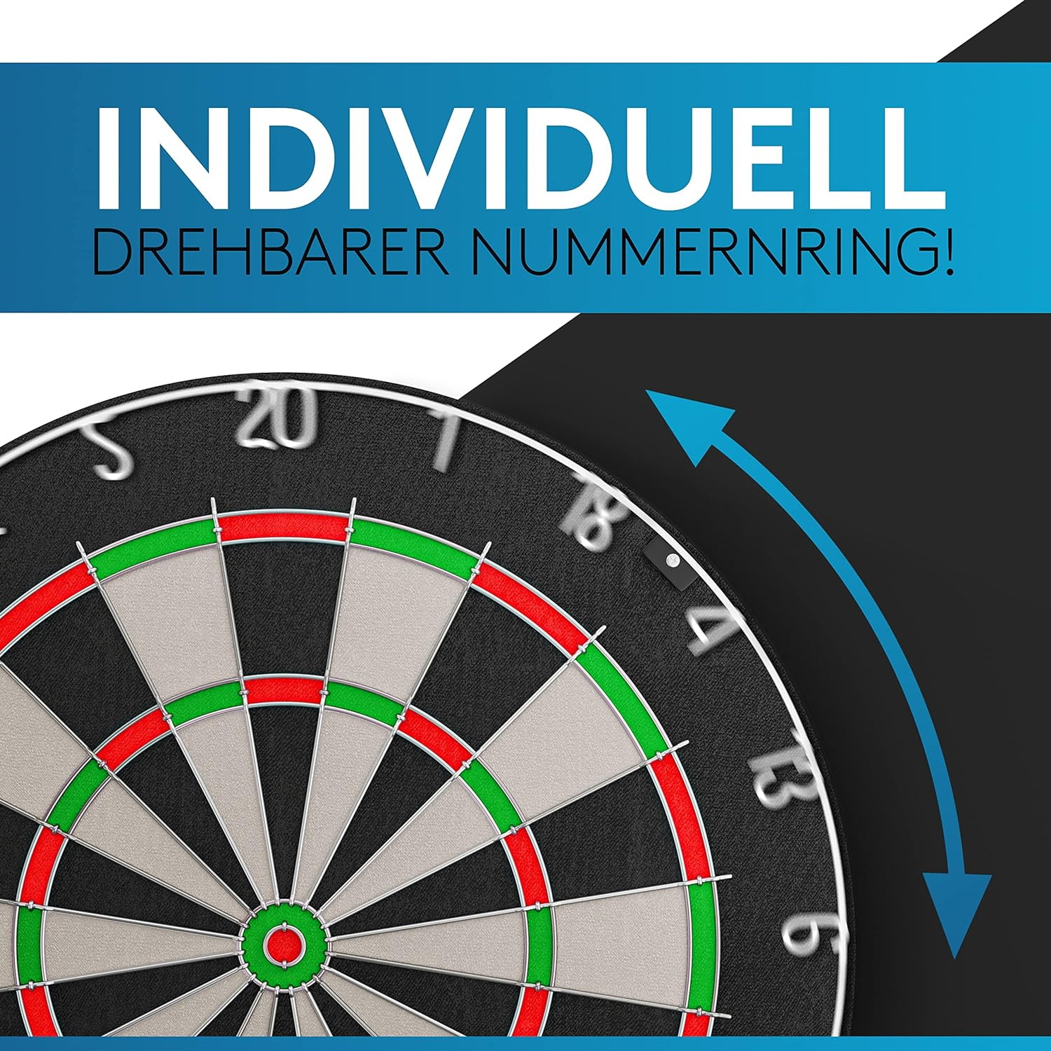 Dartscheibe mit Pfeilen und Text 'INDIVIDUELL DREHBARER NUMMERNRING!' und einem Pfeil.