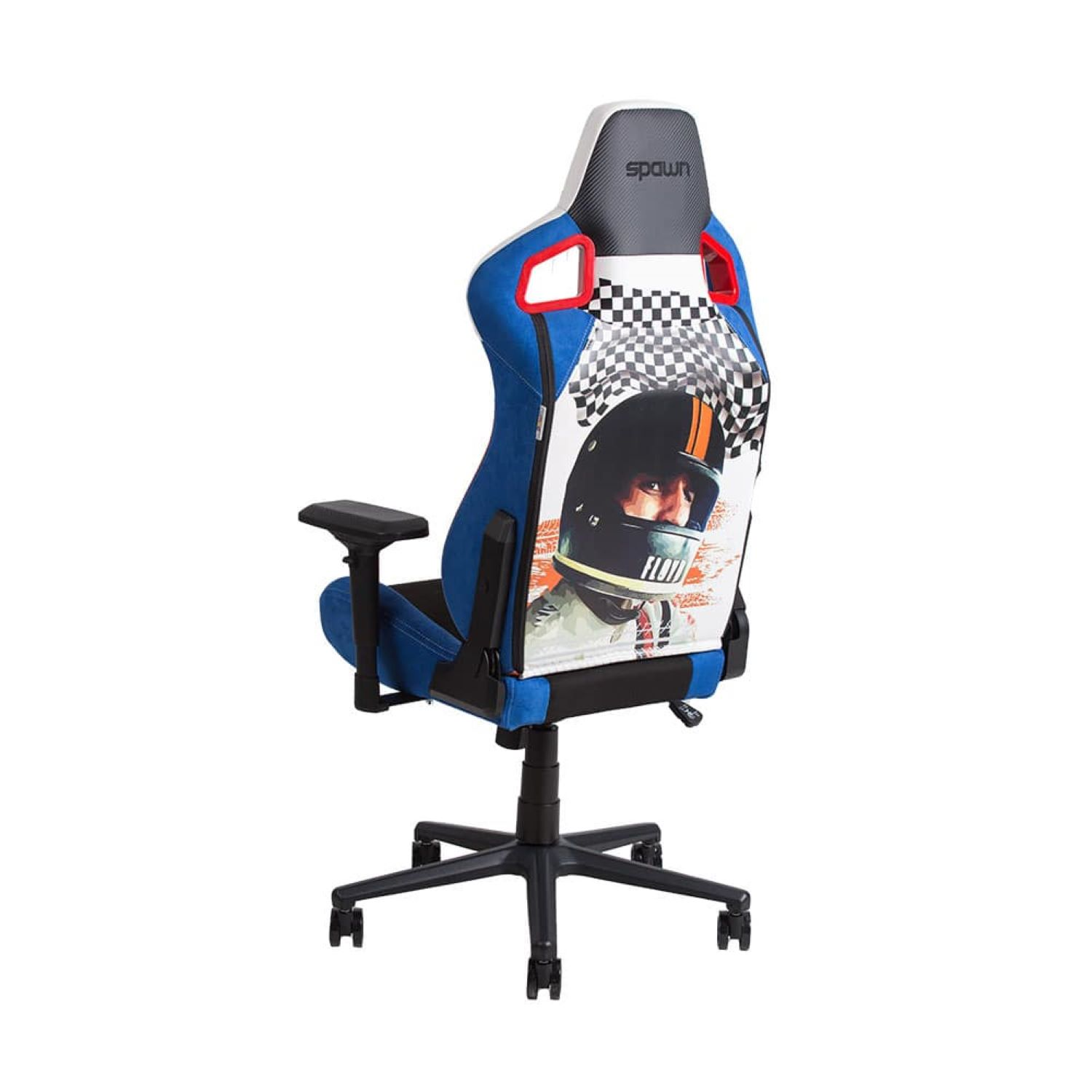 Gaming-Stuhl mit Rennsport-Design auf der Rückseite. Schwarze Räder, blauer und schwarzer Stuhl.
