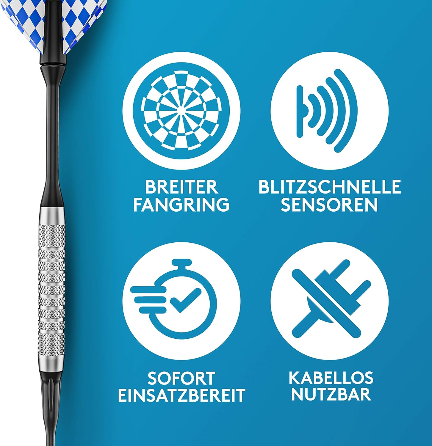 Dartpfeil mit blau-weißem Flight, neben Symbolen für Ring, Sensoren, Verwendung und kabellos.