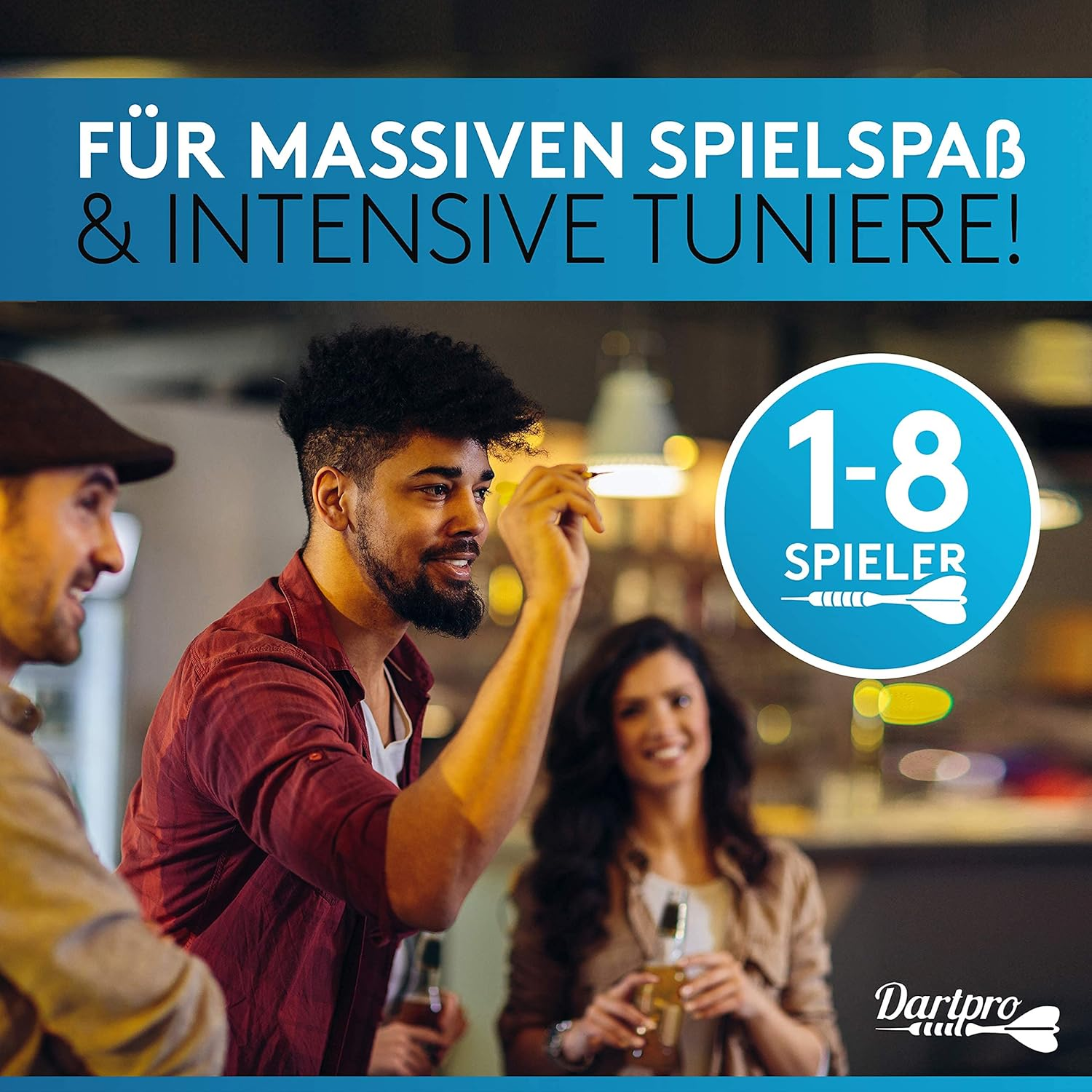 Leute spielen Dart, mit dem Text '1-8 Spieler'.
