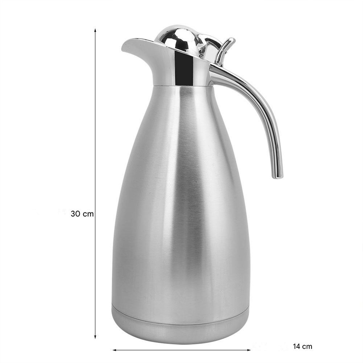 Silberfarbene Thermoskanne mit gebogenem Griff und Deckel.