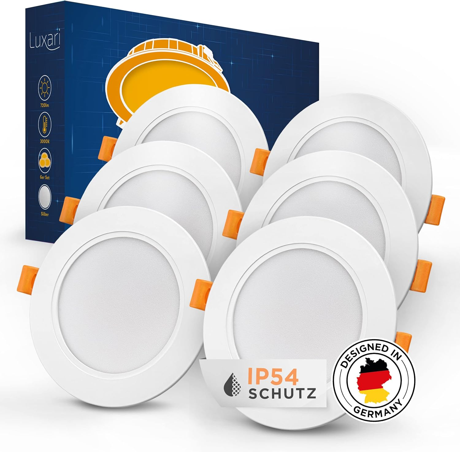 Ein Satz von sechs weißen Einbau-LED-Leuchten mit orangefarbenen Clips und einer blauen Box im Hintergrund.
