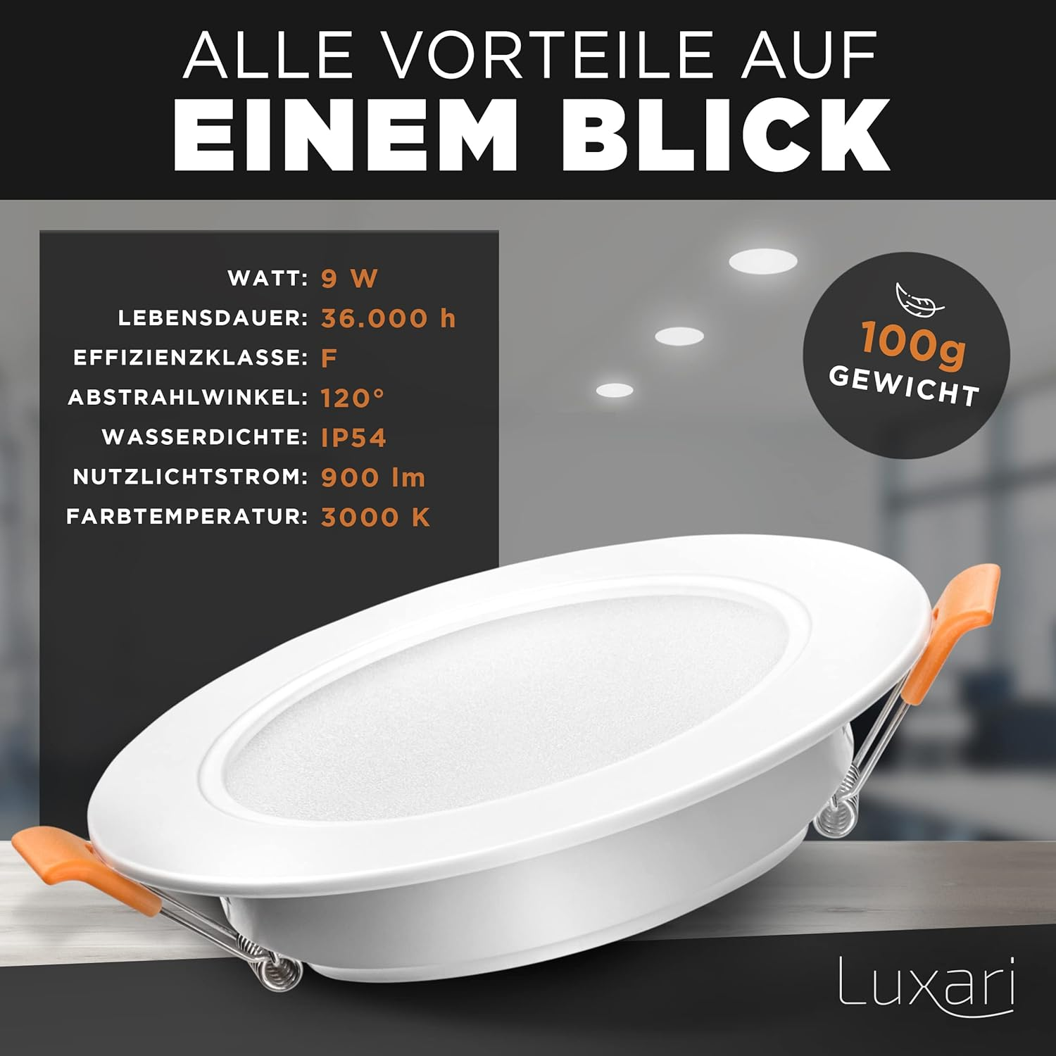 Weißes Einbau-Downlight mit orangefarbenen Clips. Text zeigt Eigenschaften.