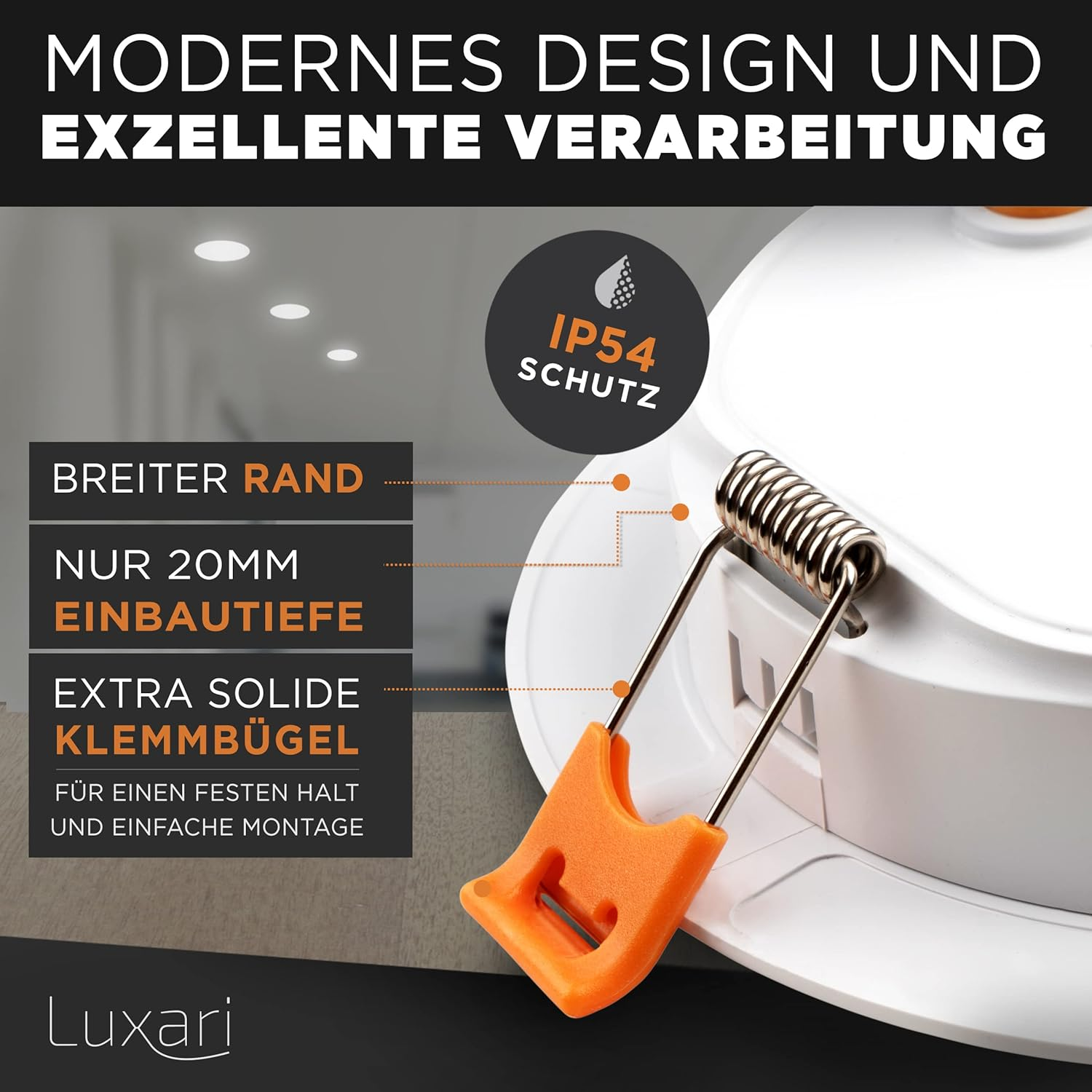 Weißes Einbauleuchte mit orangefarbener Federklemme und Textüberlagerung.