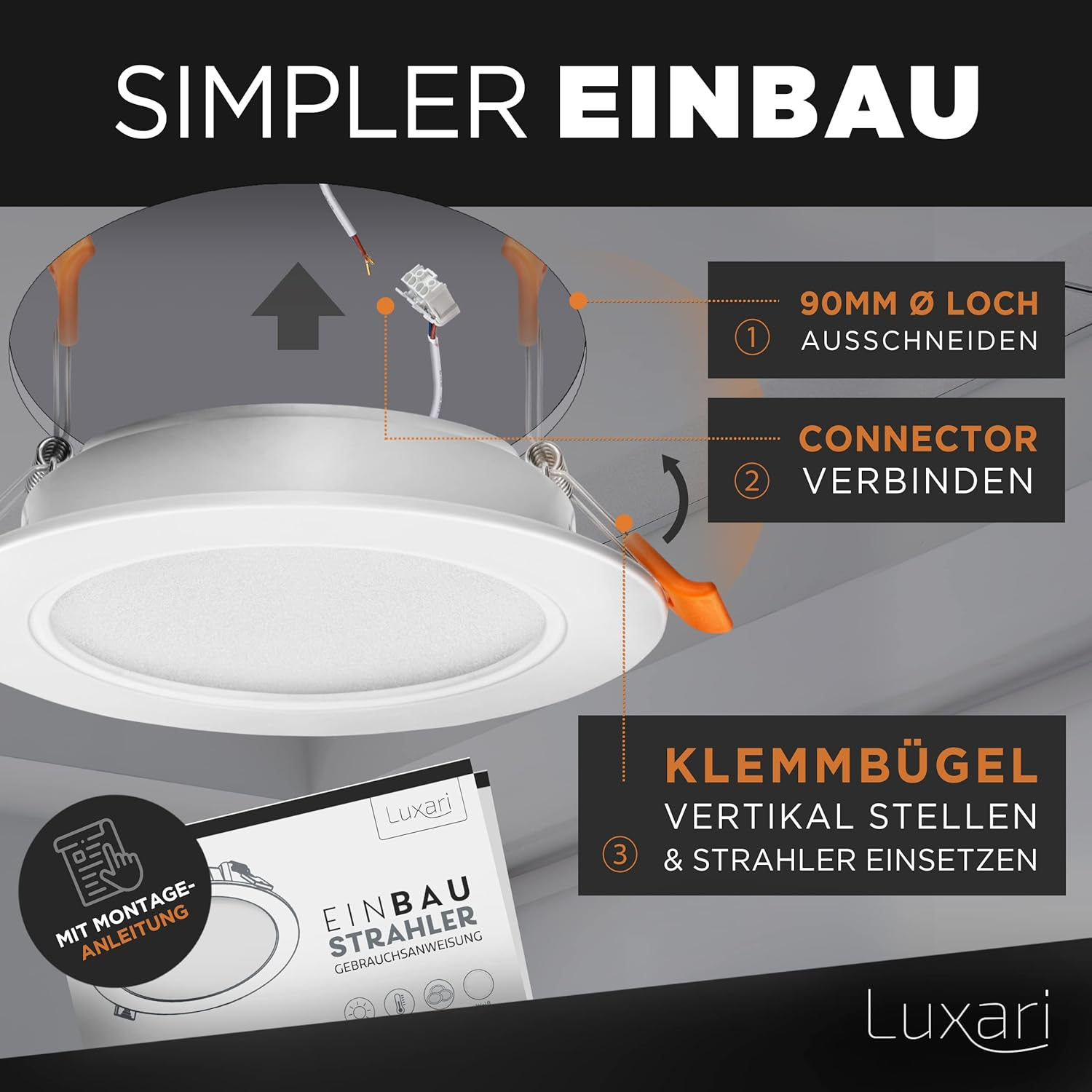 Diagramm einer Leuchte mit Anweisungen: 90mm Loch schneiden, verbinden und einsetzen.