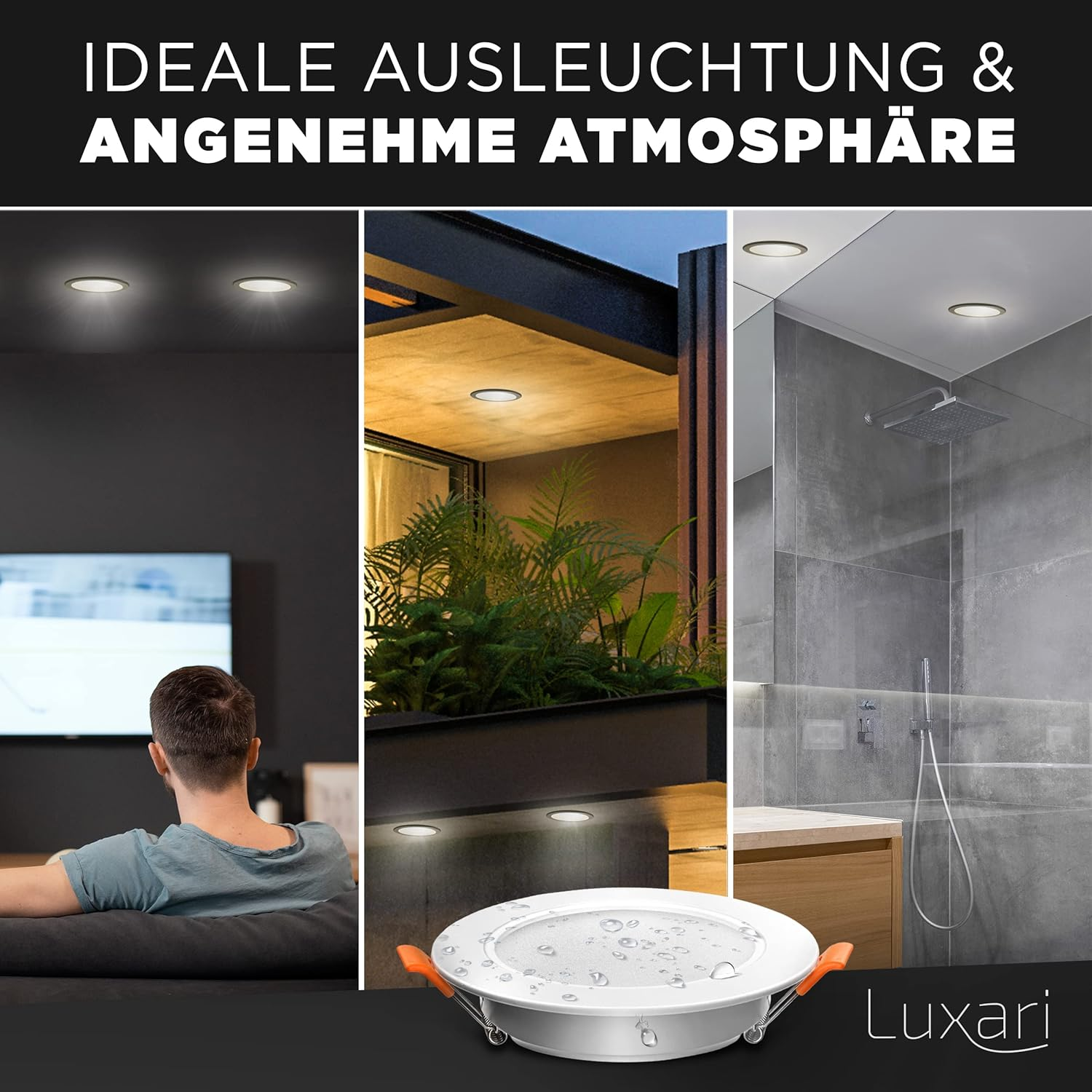 Mehrere Bilder von Einbau-Deckenleuchten, zusammen mit dem Text 'IDEALE AUSLEUCHTUNG & ANGENEHME ATMOSPHÄRE'.