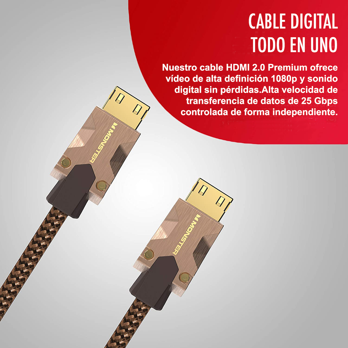 Due cavi HDMI marroni con connettori dorati su sfondo rosso, con testo bianco.