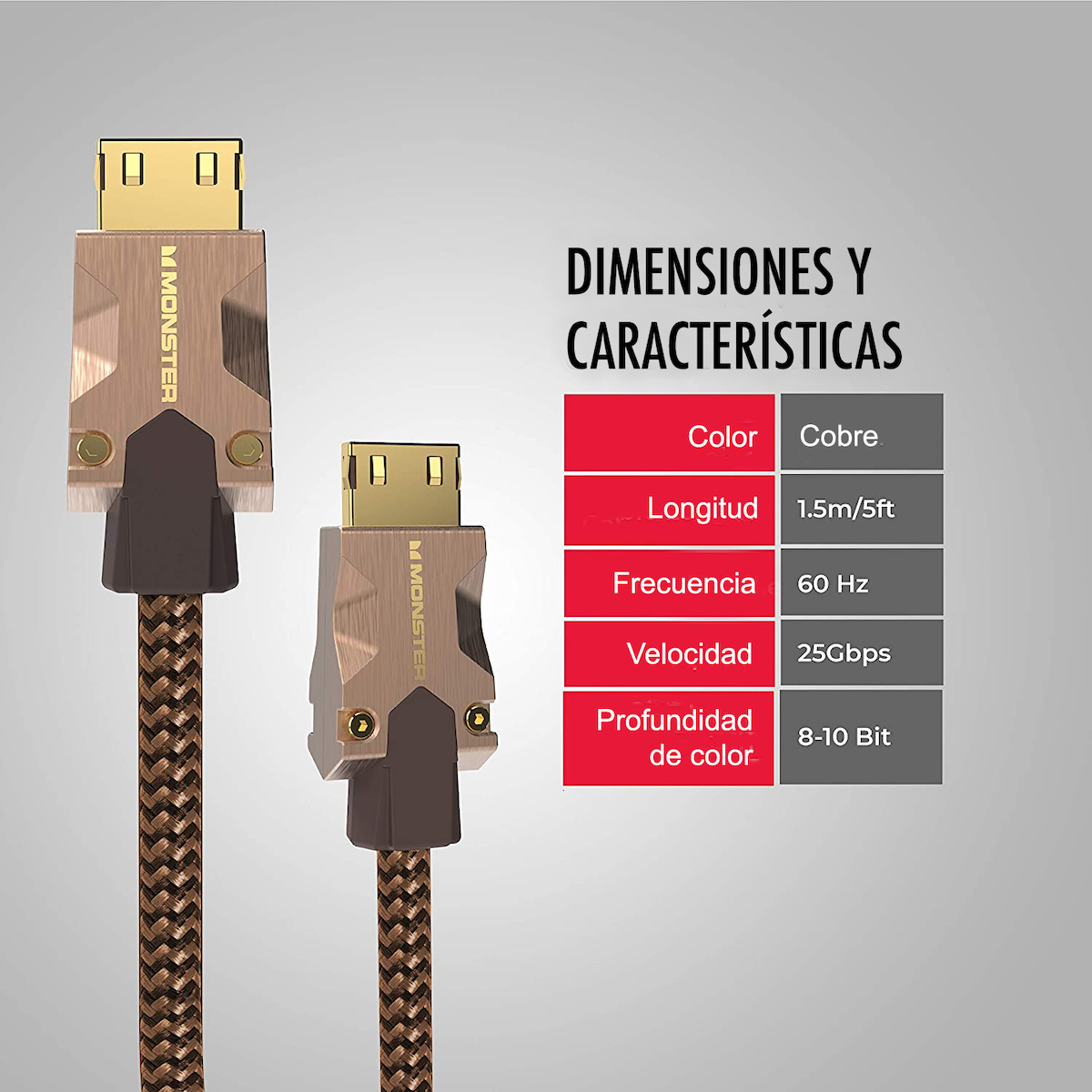 Cavo HDMI color oro. Mostra la lunghezza del cavo, la frequenza e le informazioni sulla profondità dei bit.