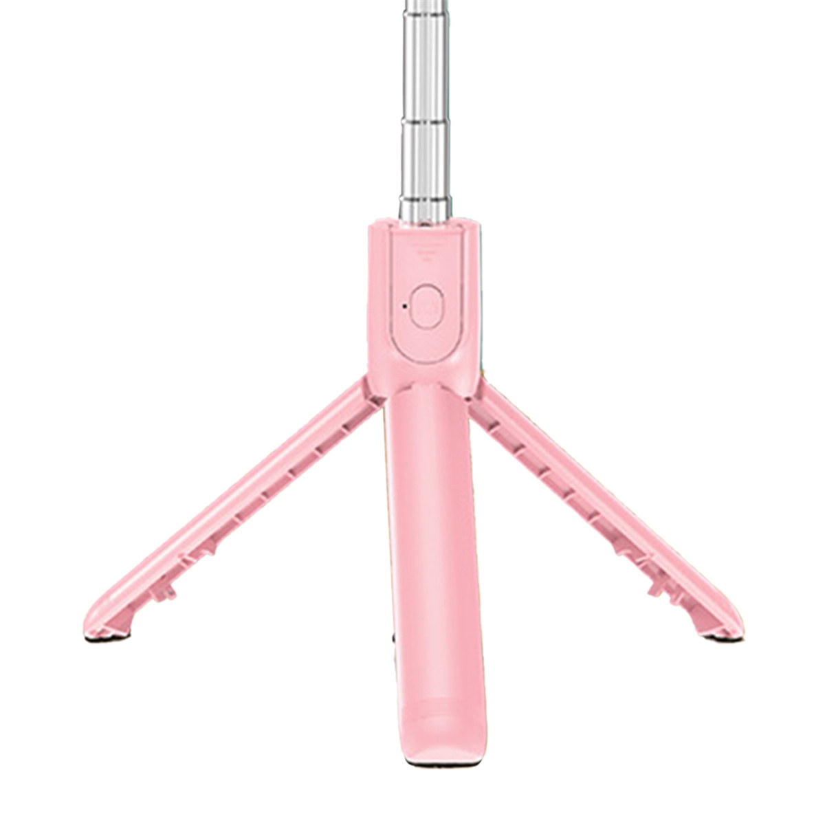 Rosa Selfie-Stick-Stativ, zusammengeklappt, mit Knopf. Die Stativbeine sind ausgebreitet.