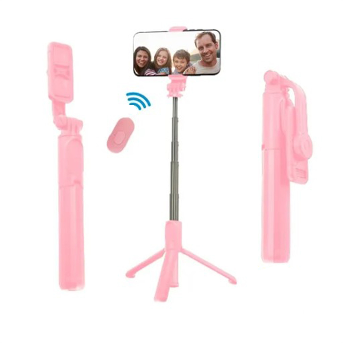 Rosa Selfie-Stick mit Telefon, das eine Familie zeigt, separate Fernbedienung und zusammengeklappter Stick.