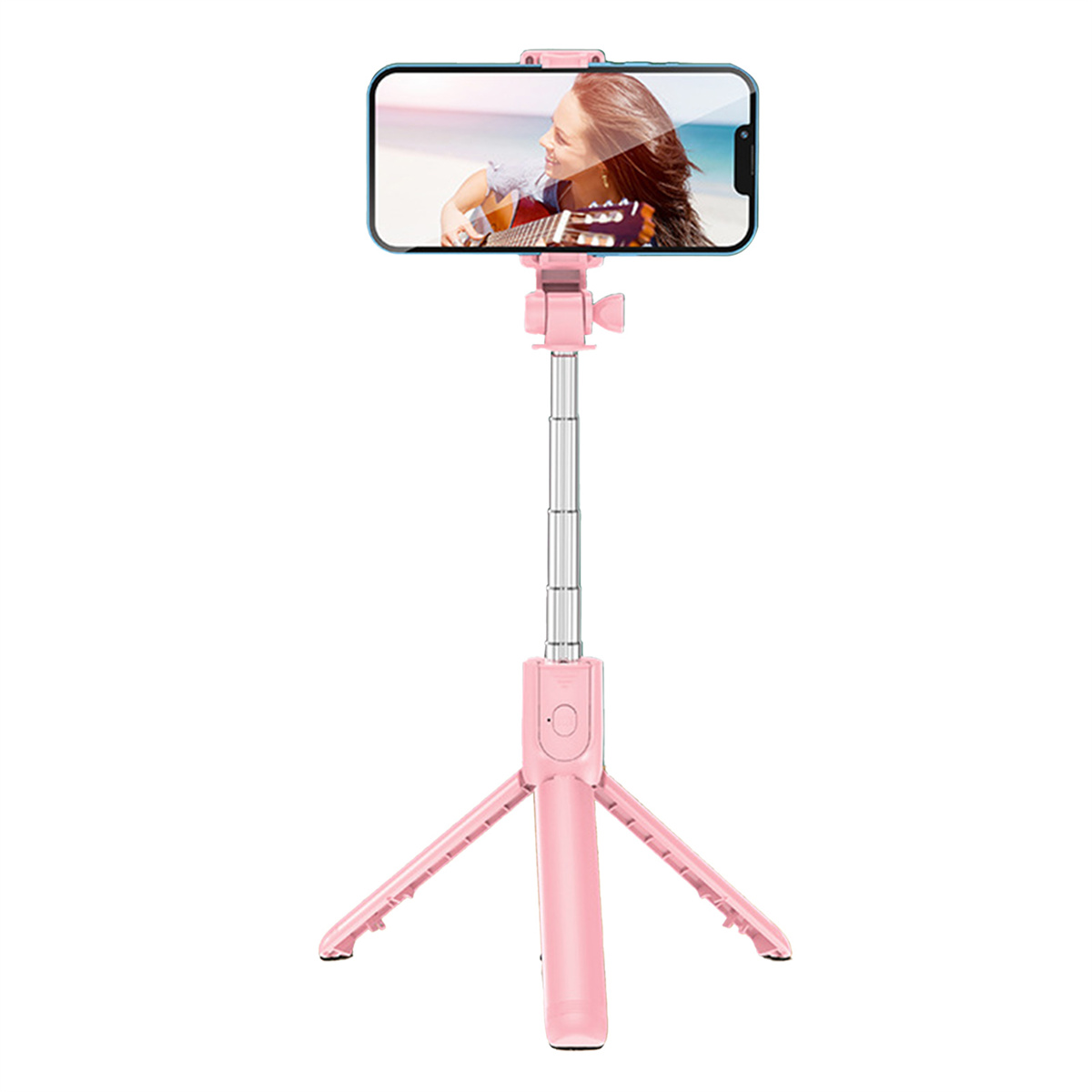Pinkfarbener Selfie-Stick mit Telefon, das eine Frau zeigt, die Gitarre spielt.