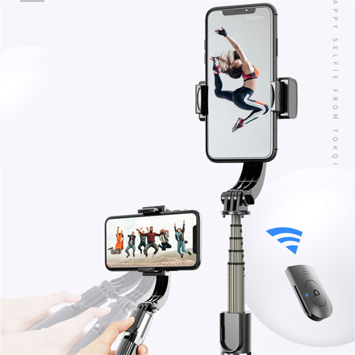 Ein Selfie-Stick hält zwei Handys, eines zeigt eine springende Frau. Eine Fernbedienung ist daneben.