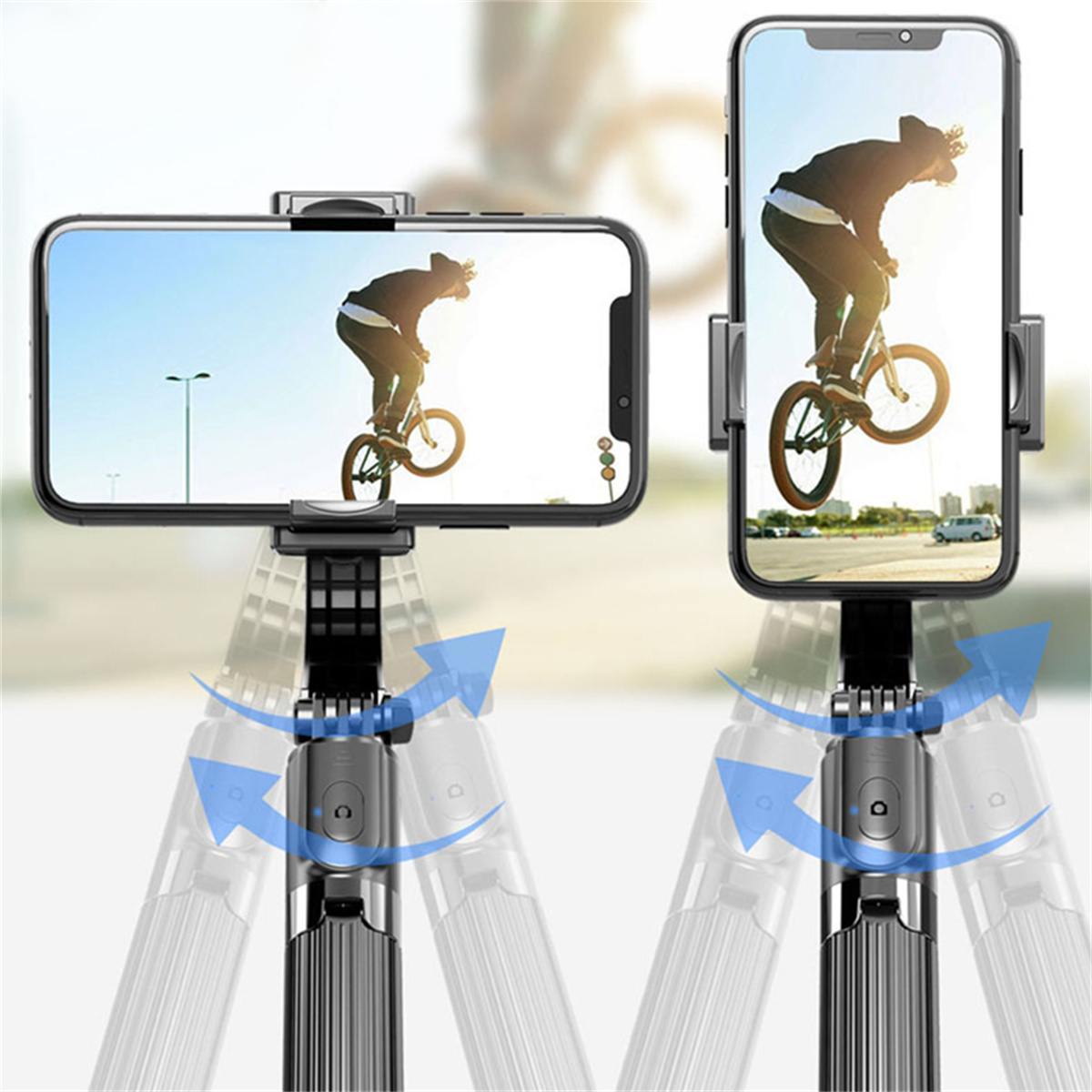 Ein Telefon auf einem Selfie-Stick, das eine Person beim Fahrradfahren zeigt, mit blauen Pfeilen.