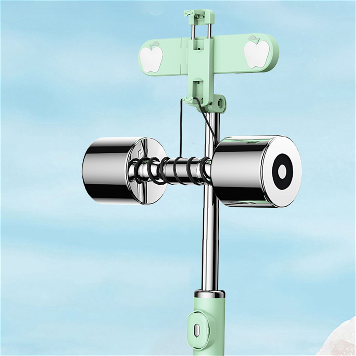 Selfie-Stick mit Handyhalter und zwei hantelförmigen Gewichten.