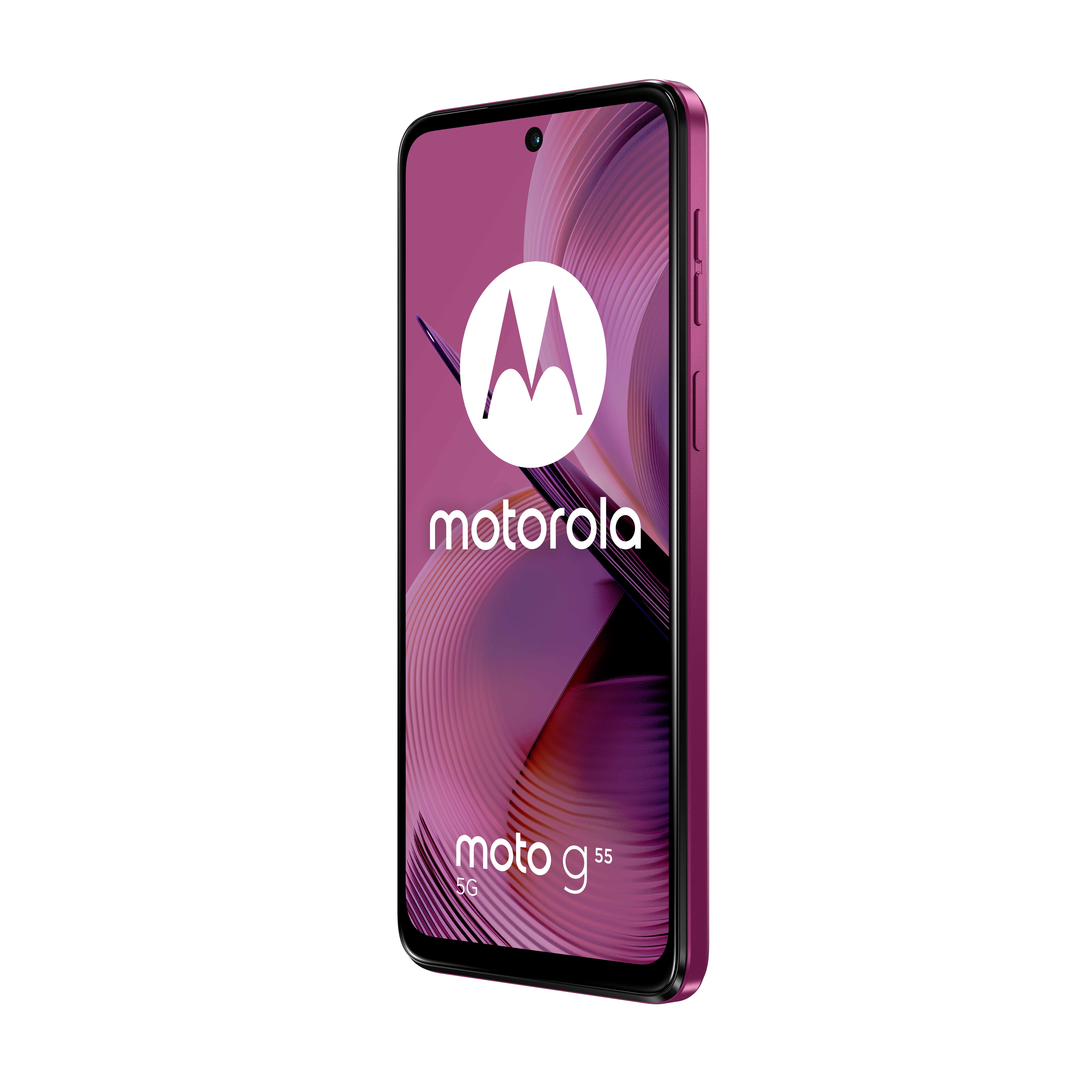 Fioletowy telefon Motorola z logo marki na wyświetlaczu.